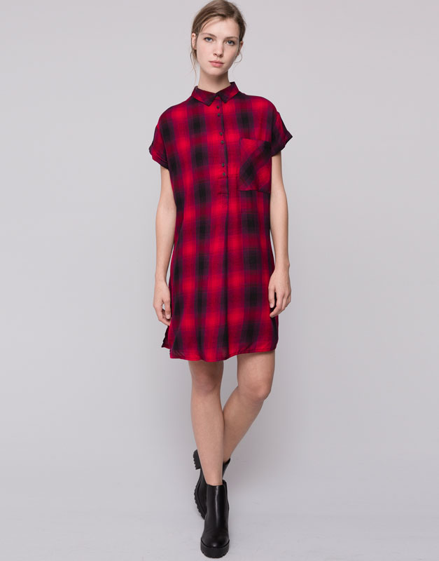 Pull&Bear - woman - new products - checkered shirt dress - red - 09392308-I2015