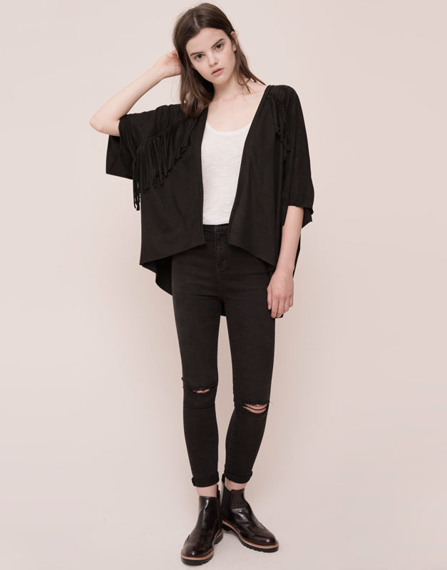 Pull&Bear - woman - jackets - faux suede jacket with fringe - black - 09583303-I2015