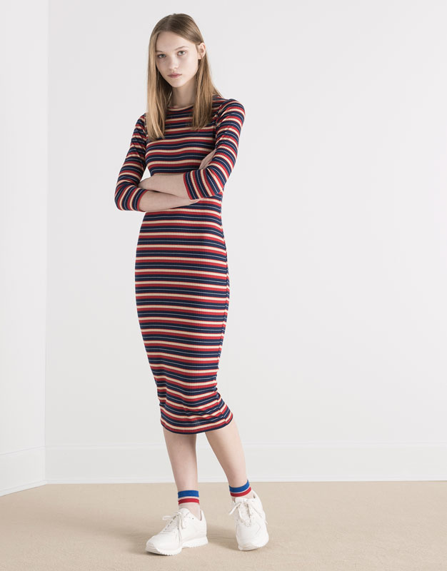 Pull&Bear - woman - new products - mid-length striped dress with 3/4 sleeves - navy - 05390330-V2016