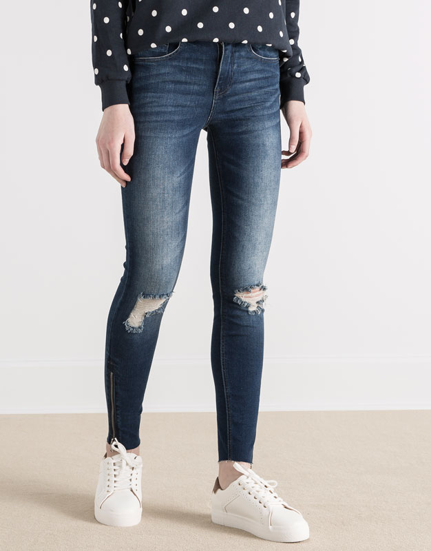 Pull&Bear - mujer - jeans - jeans skinny cremalleras bajo roto - azul oscuro - 05683302-V2016