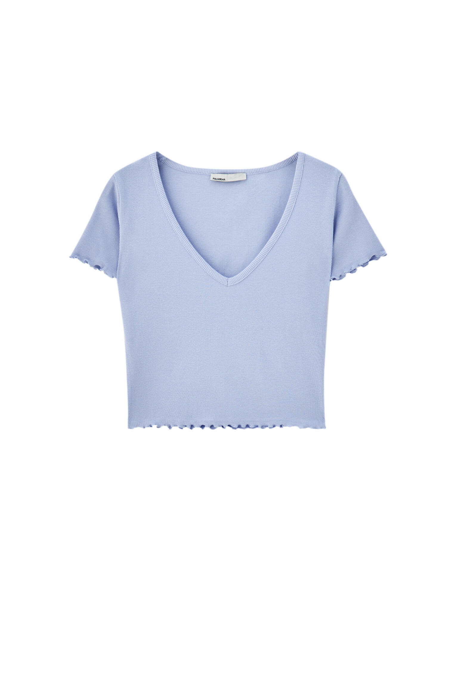 Pull&bear Femme T-shirt Cropped Basique 100 % Coton à Encolure En V Et Manches Courtes. Bleu Xs