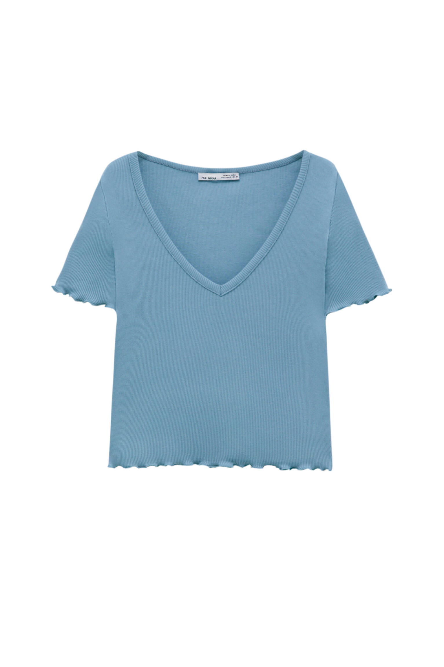Pull&bear Femme T-shirt Basique Court En Coton Côtelé Légèrement Extensible, à Col En V Et Manches C