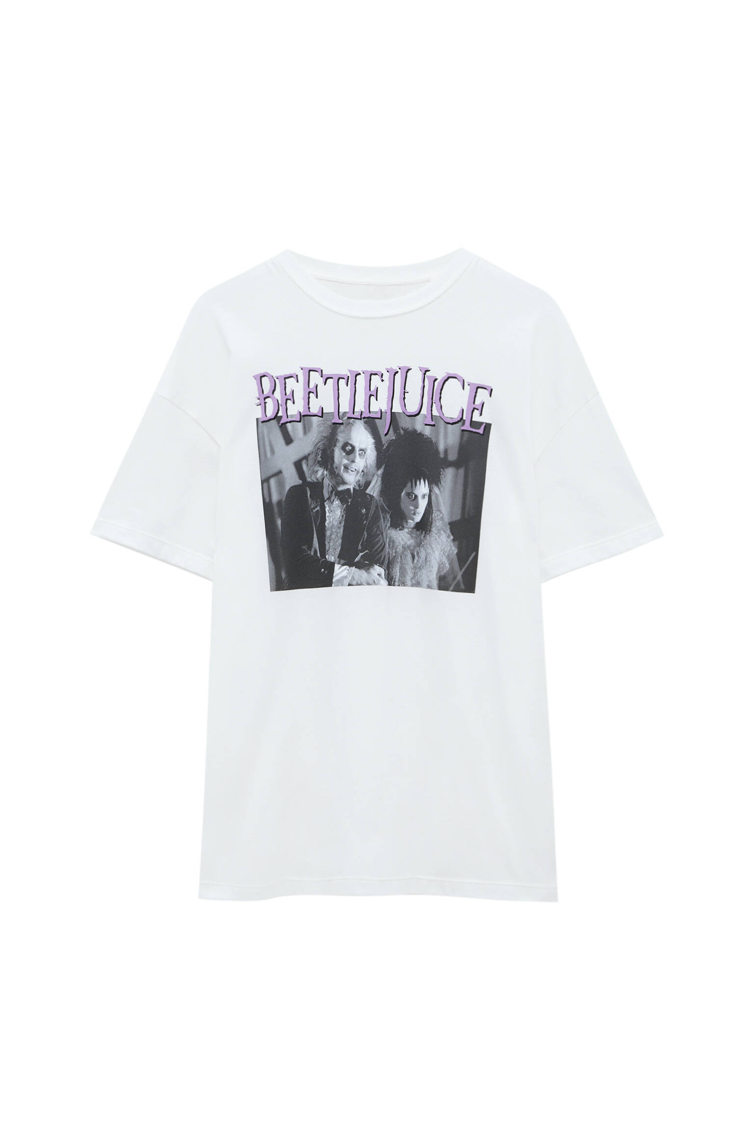 Pull&bear Femme T-shirt Beetlejuice 100 % Coton à Manches Courtes Et Col Rond, Avec Imprimé Photo Et Inscription Contrastants. Glace L