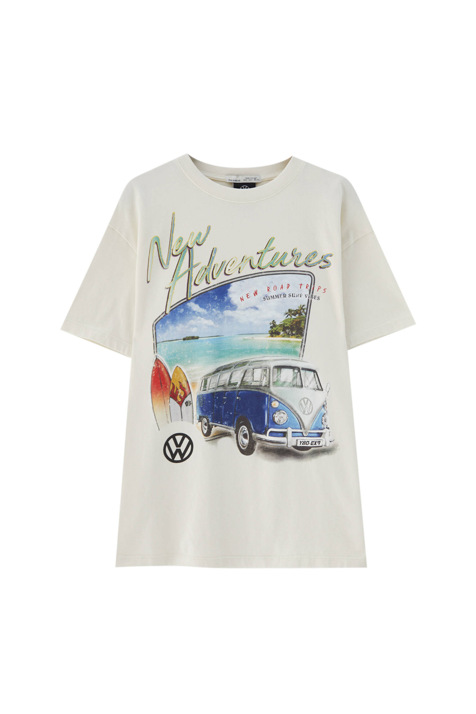 Pull&bear Femme T-shirt Volkswagen Blanc à Col Rond Et Manches Courtes, Avec Illustration Contrastante De La Camionnette Emblématique. Creme Xs