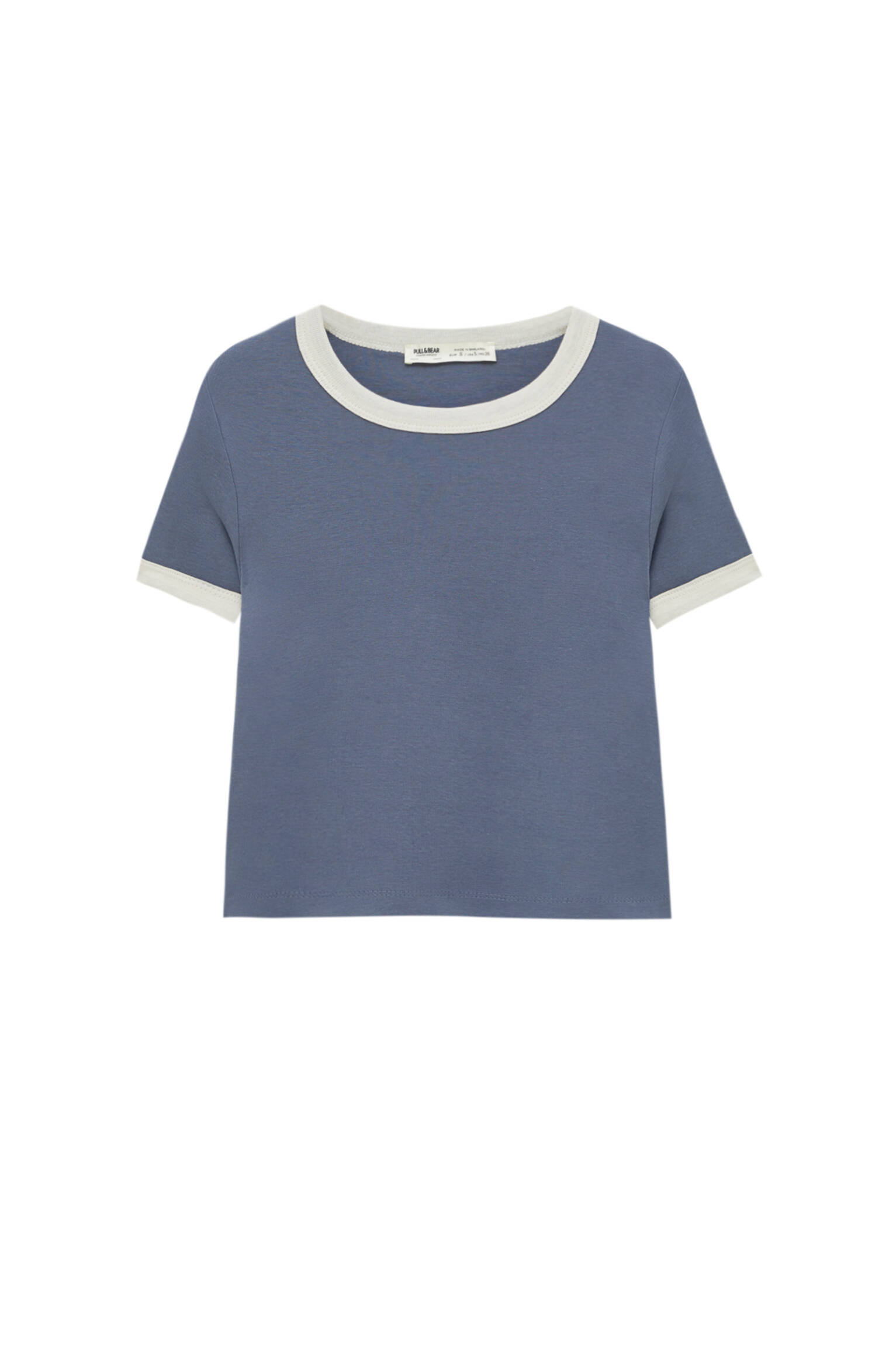 Pull&bear Femme T-shirt Court Basique à Manches Courtes Et Col Rond Avec Bord-côte Contrastant. Bleu