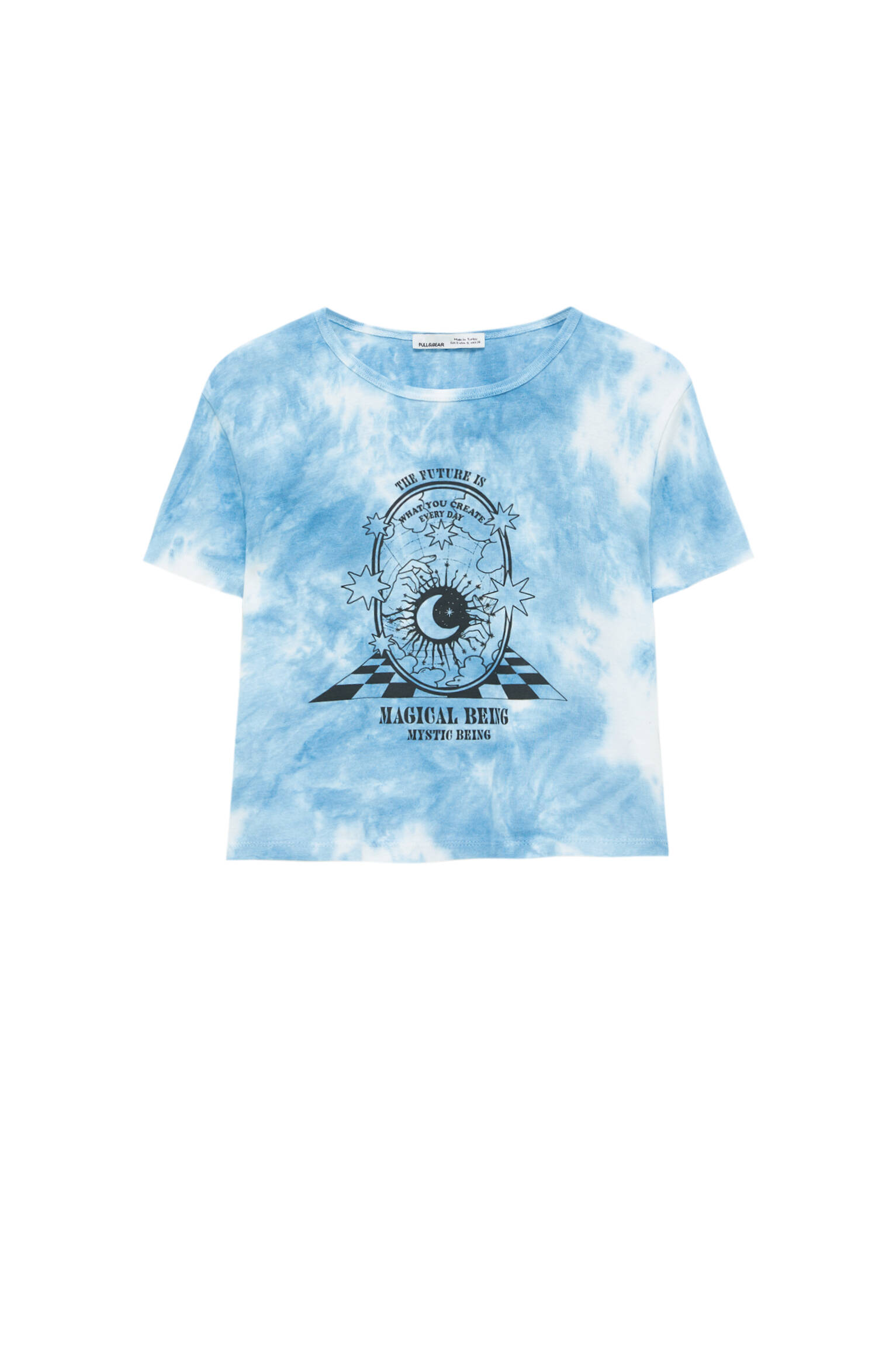 Pull&bear Femme T-shirt Tie-dye à Col Rond Et Manches Courtes, Avec Imprimé Contrastant Sur La Poitrine. Bleu Xs