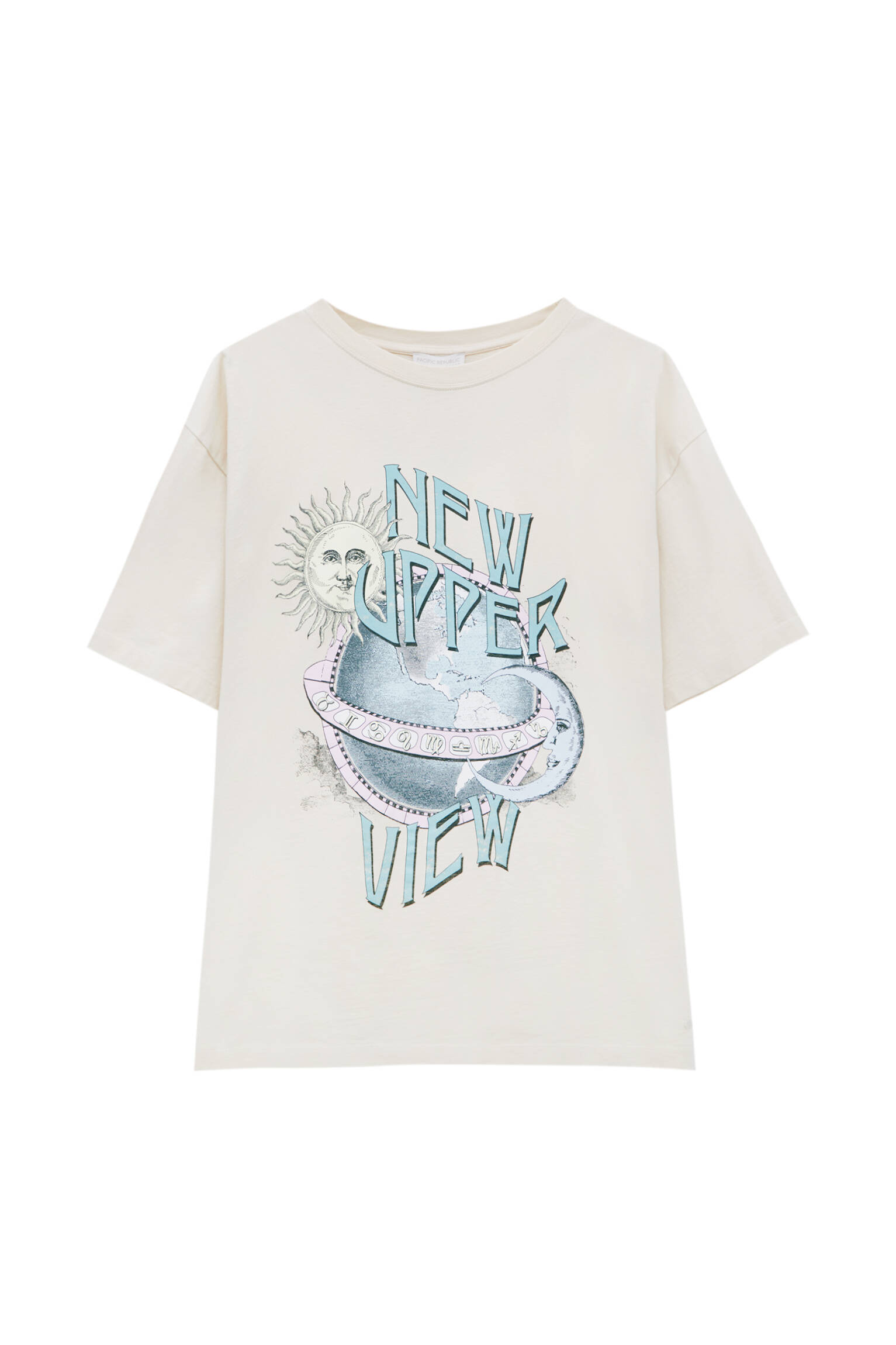 Pull&bear Femme T-shirt Basique à Imprimé Planète Contrastant, Col Rond Et Manches Courtes. Écru S