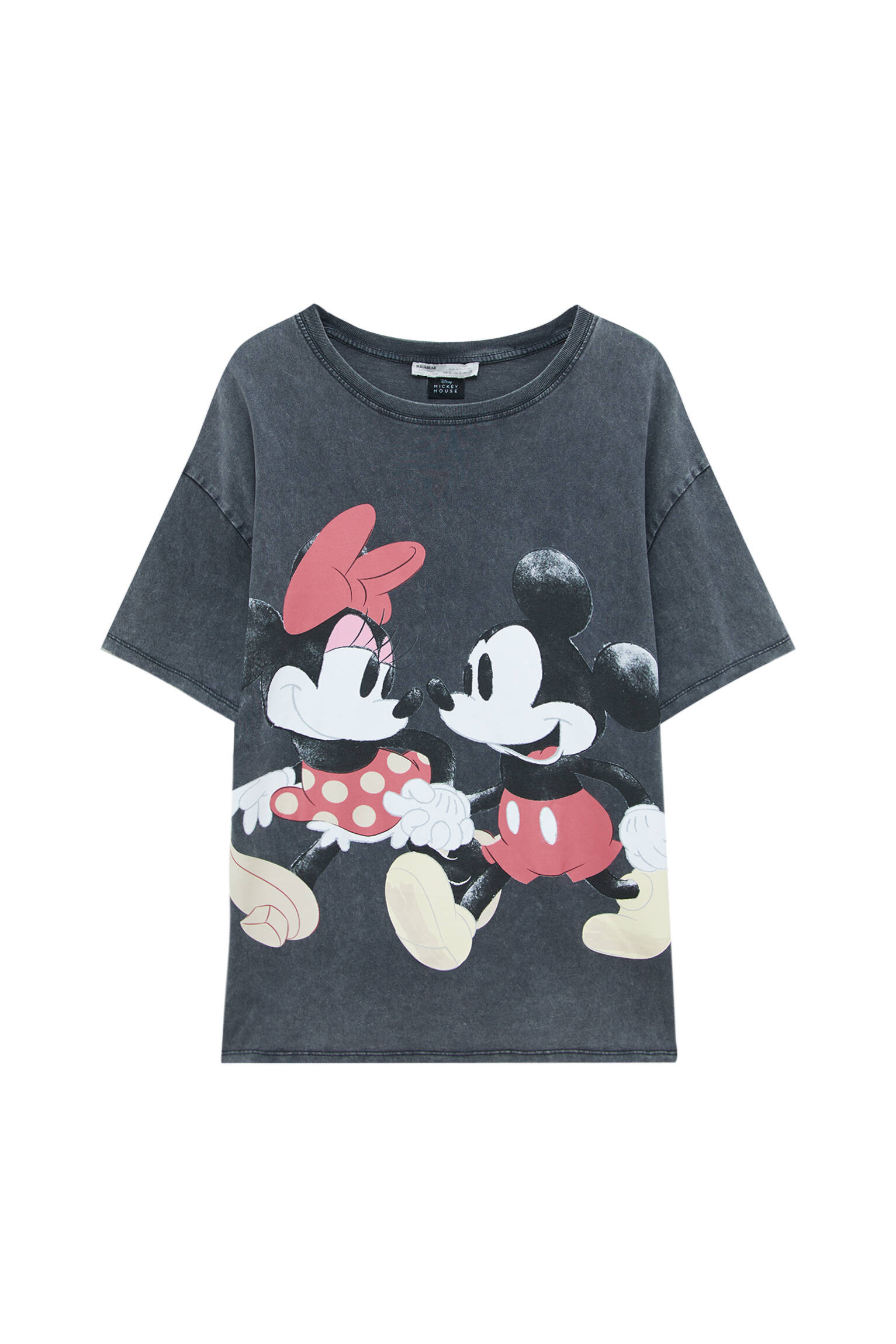 Pull&bear Femme T-shirt Minnie Et Mickey Mouse En Tissu Effet Délavé, à Col Rond Et Manches Courtes.