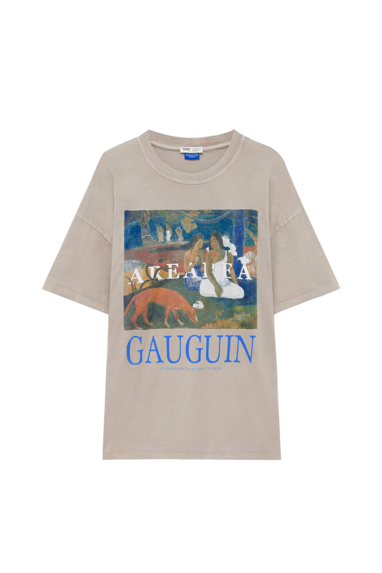 Pull&bear Femme T-shirt Gauguin à Col Rond, Manches Courtes Et Imprimé De L'uvre « aerearea ». Marron Taupe Xs