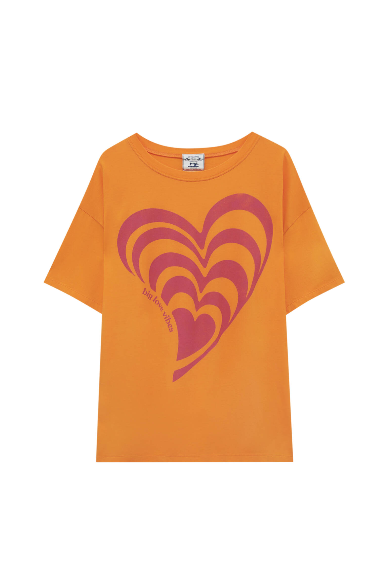 Pull&bear Femme T-shirt Basique à Imprimé Cur Contrastant, Col Rond Et Manches Courtes. Orange ChinÉ Xs