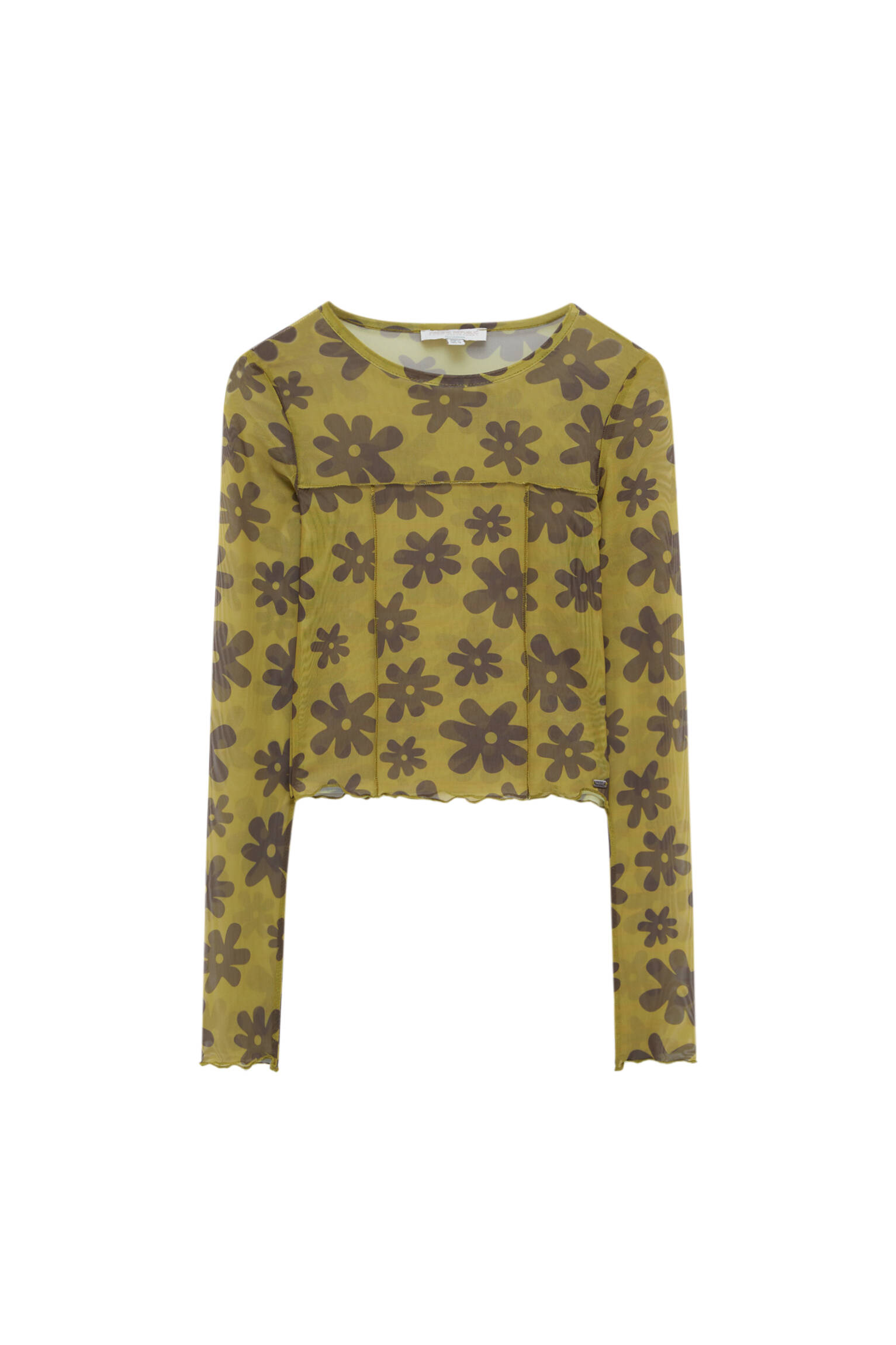 Pull&bear Femme T-shirt à Imprimé Floral En Tulle, Col Rond Et Manches Longues. Olive Xs