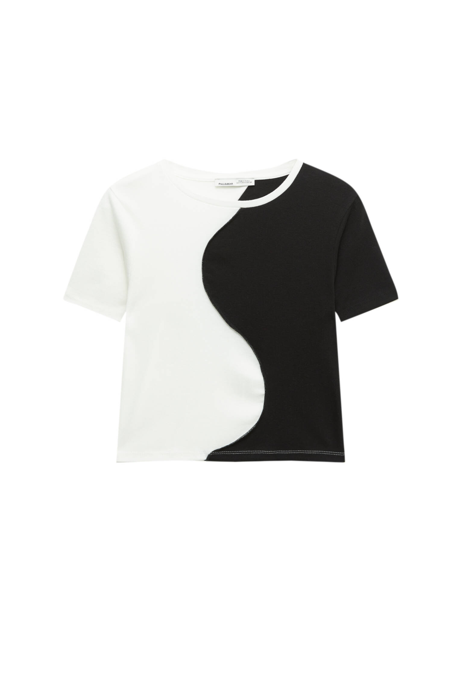 Pull&bear Femme T-shirt En Maille Côtelée à Col Rond Et Manches Courtes, Avec Motif Yin Yang. Cru / Noir S