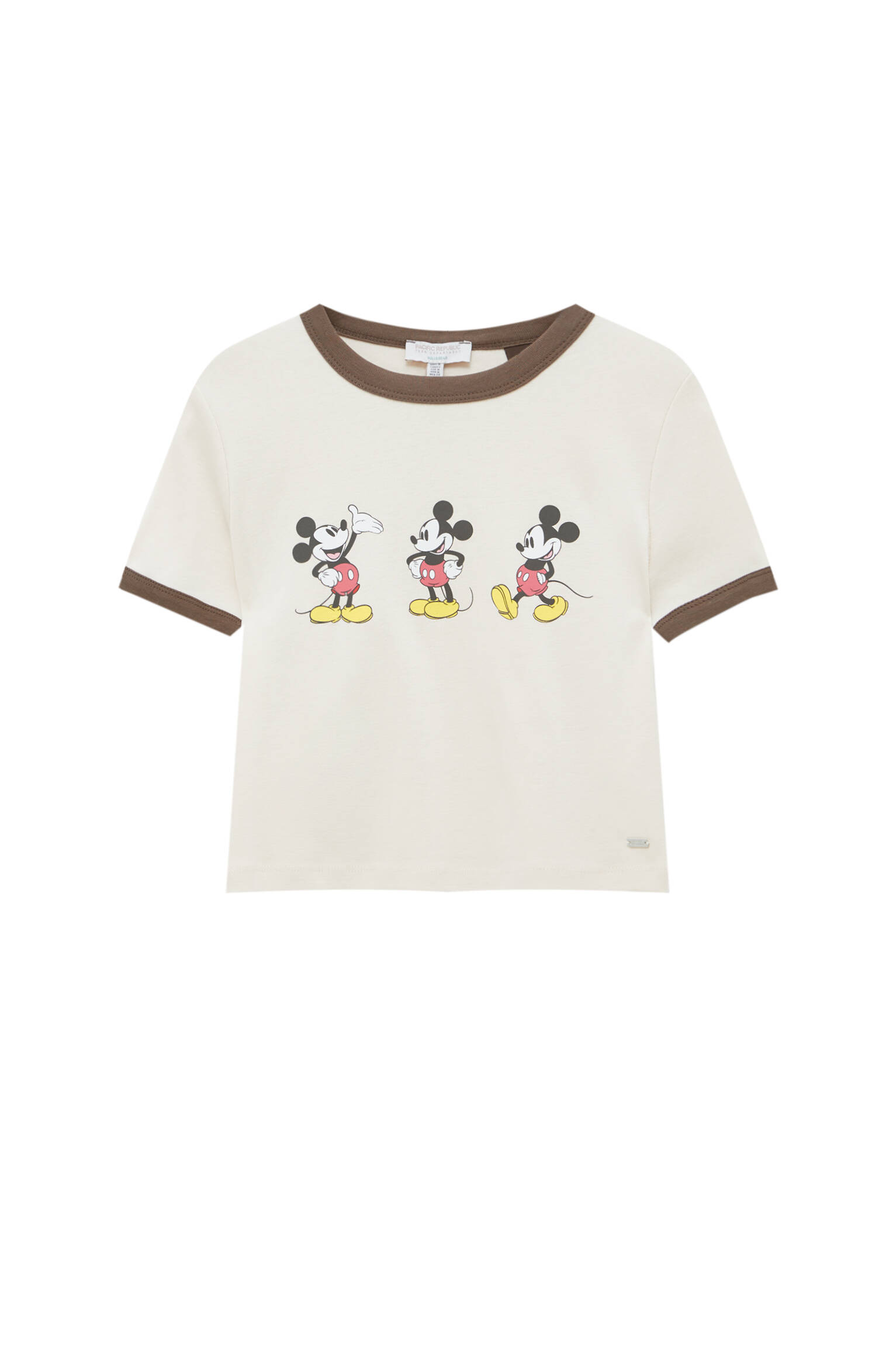 Pull&bear Femme T-shirt Mickey Mouse Vintage à Manches Courtes Et Col Rond Côtelé Contrastant. Écru L