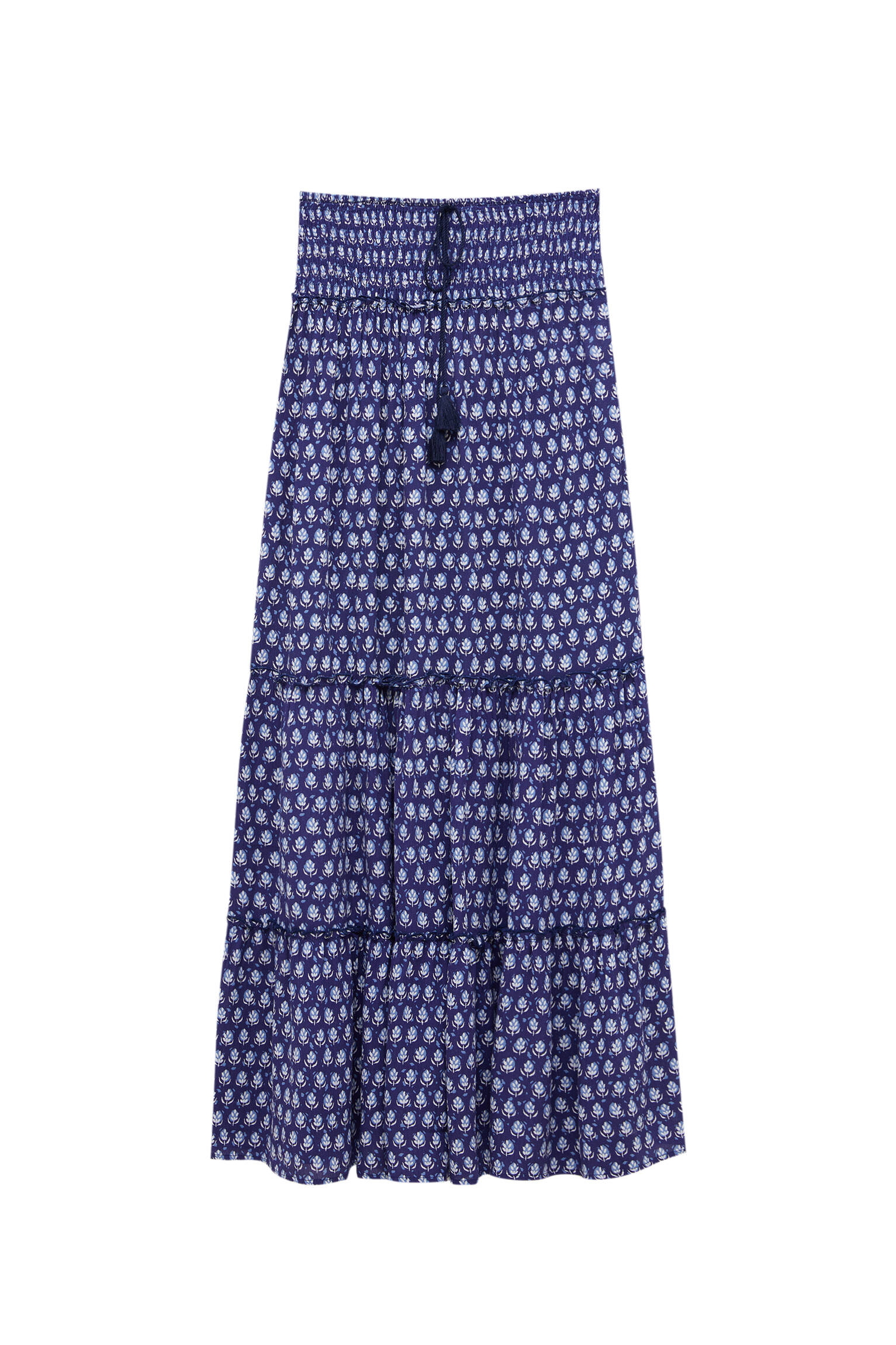 Pull&bear Femme Jupe Longue Fluide Imprimée à Taille élastique Avec Lien Et Volants. Bleu Sombre Xl