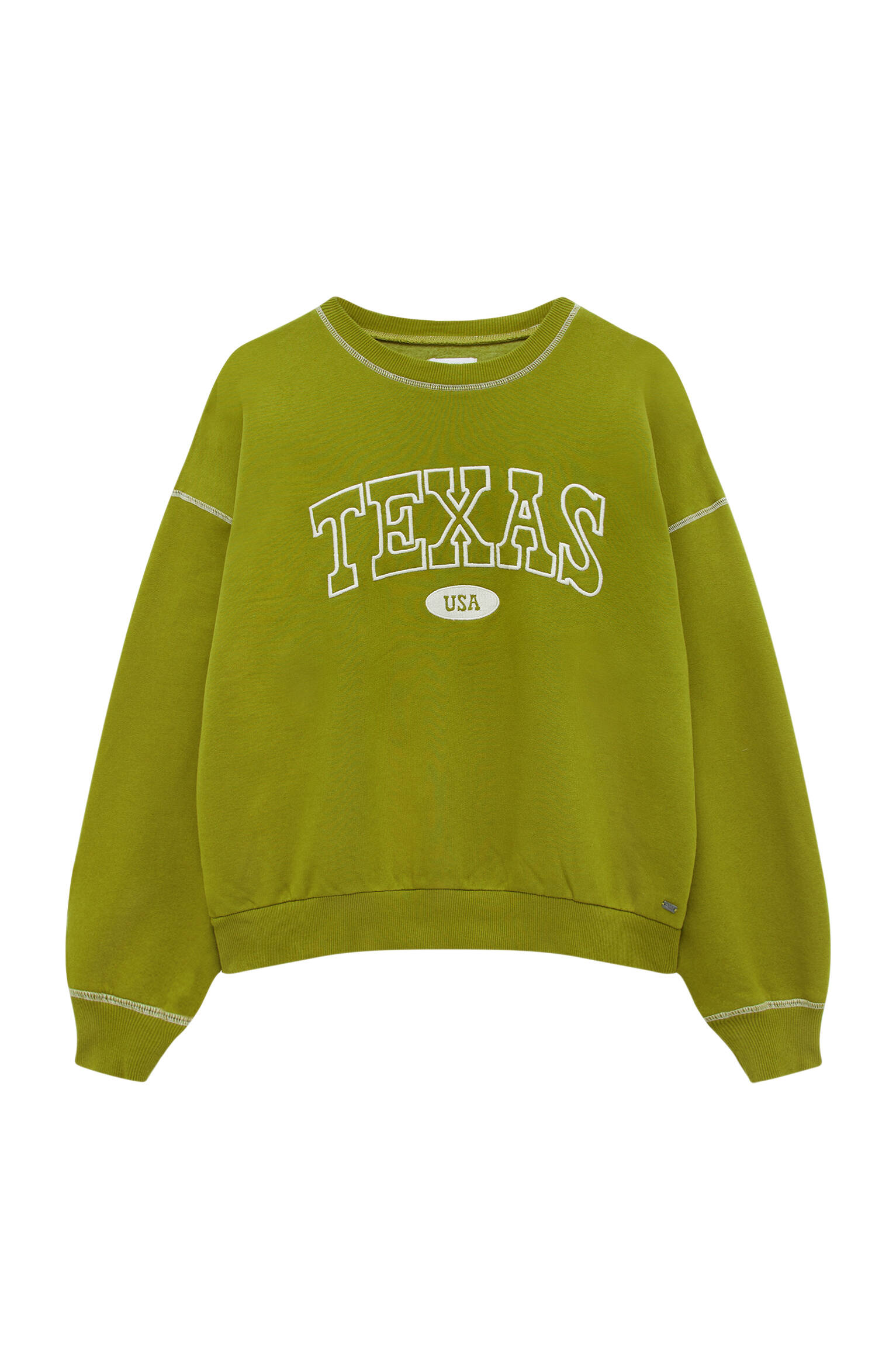 Pull&bear Femme Sweat Vert Olive En Coton à Manches Longues Et Col Rond, Avec Inscription « texas » 