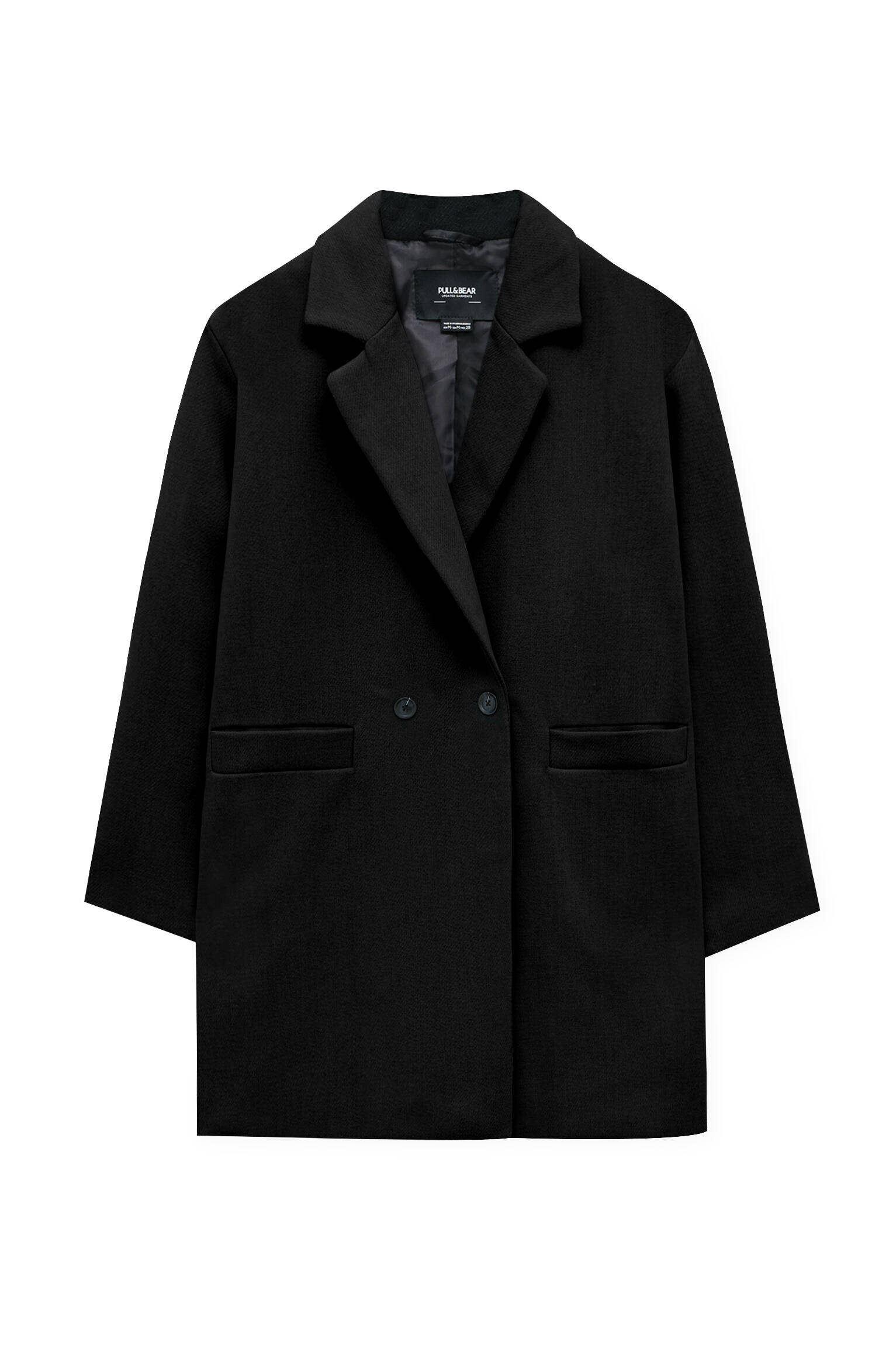 Pull&Bear femme manteau long basique à épaules tombantes, col à revers, fermeture à deux boutons contrastants, poches et manches longues. noir m