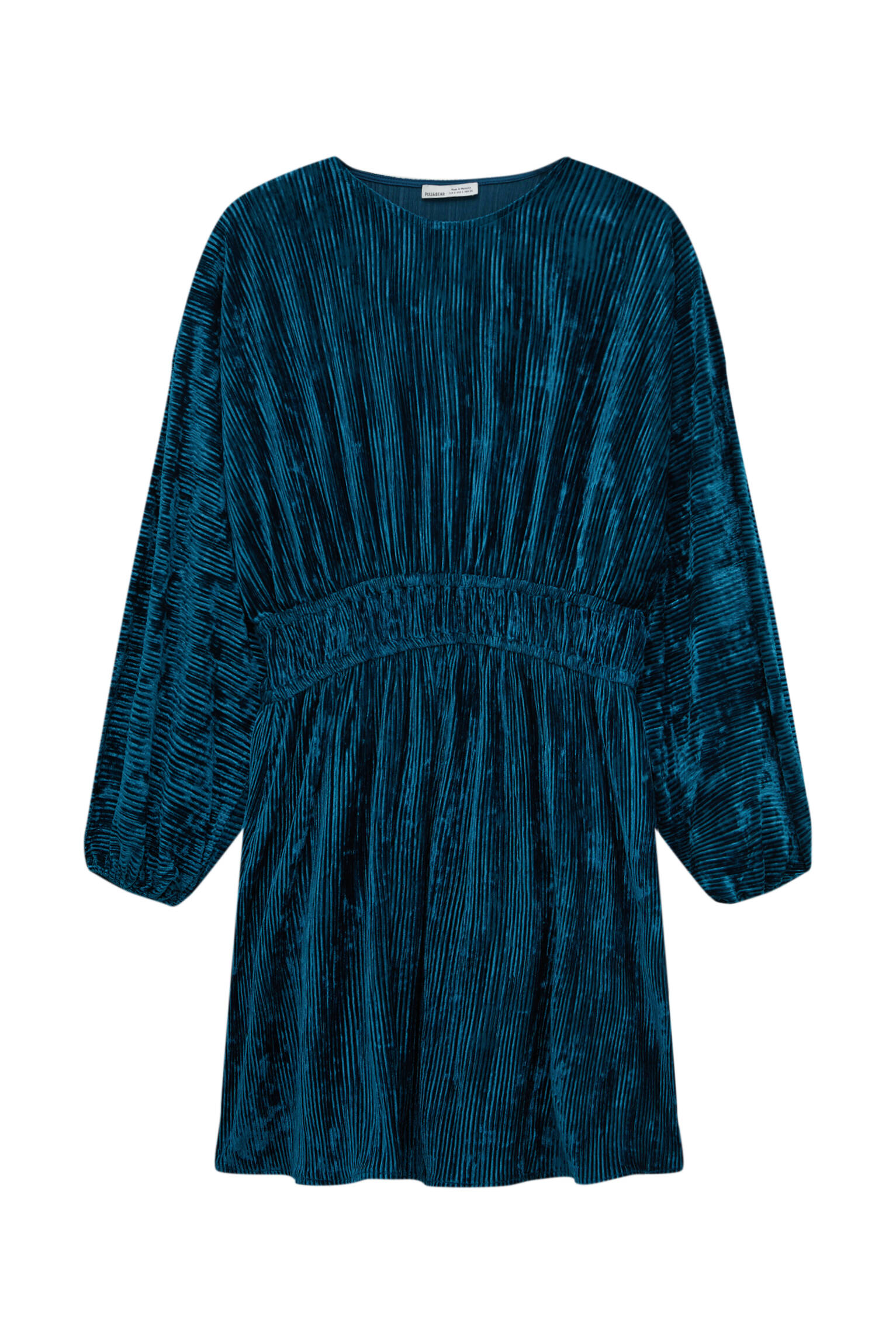 Pull&bear Femme Mini-robe Bleue En Velours Plissé, à Manches Longues, Col Rond Et Taille élastique. Vert BleutÉ S