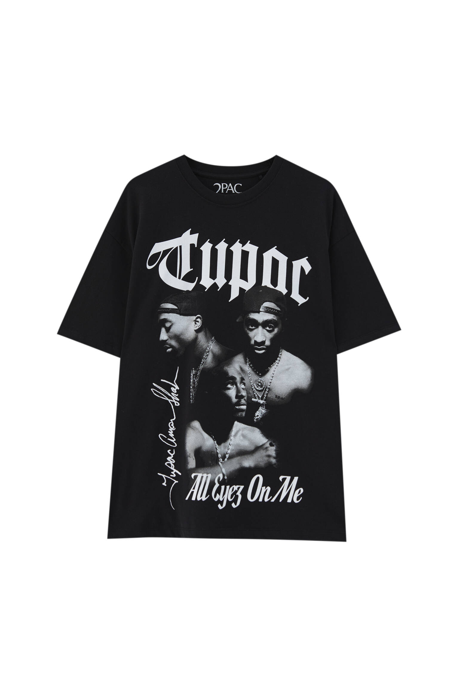 Pull&bear Homme T-shirt Noir En Coton à Manches Courtes Et Col Rond, Avec Photographie De Contrastante De Tupac. Noir Xl