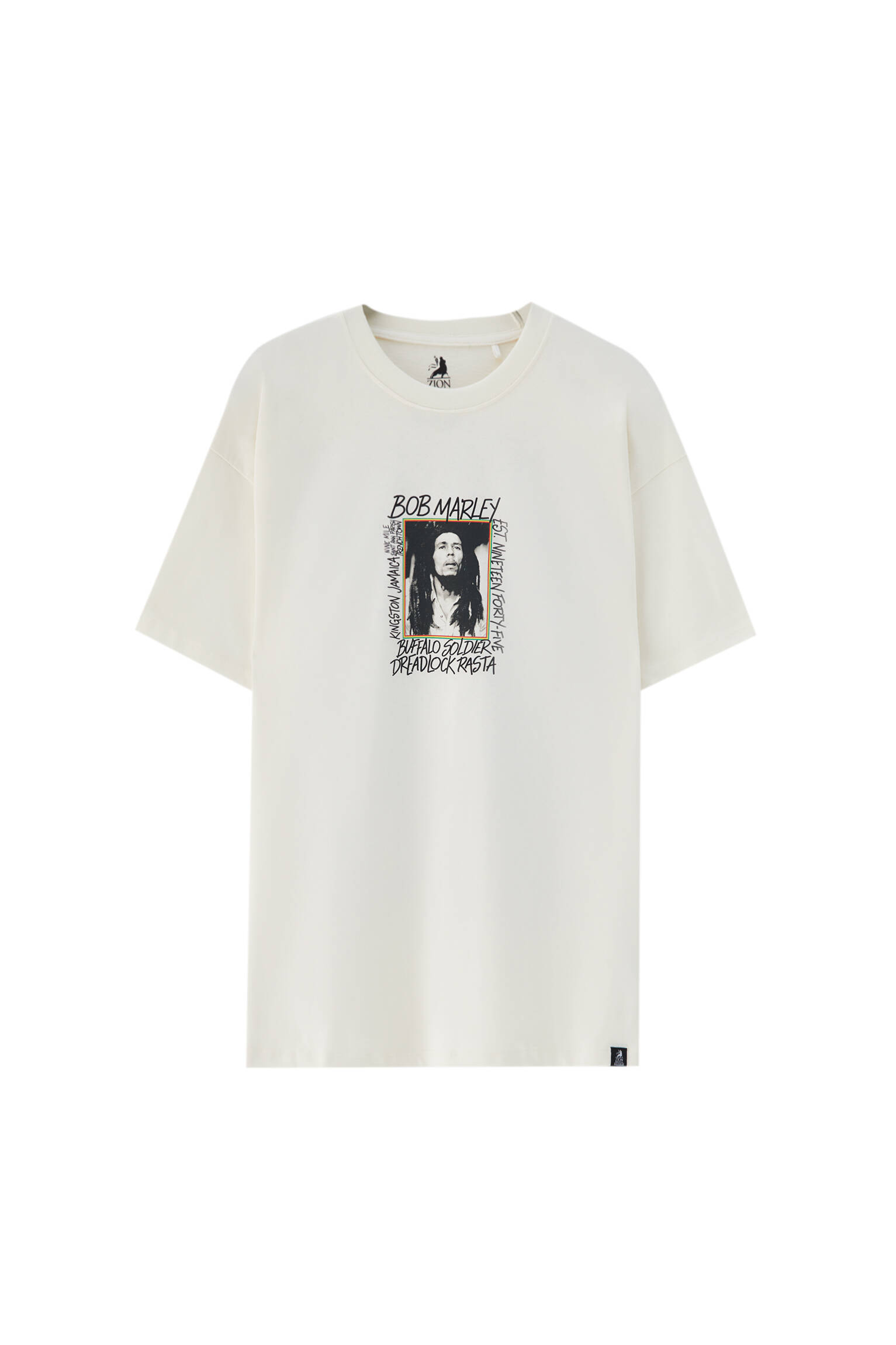 Pull&bear Homme T-shirt Blanc 100 % Coton à Manches Courtes Et Col Rond, Avec Illustration De Bob Ma