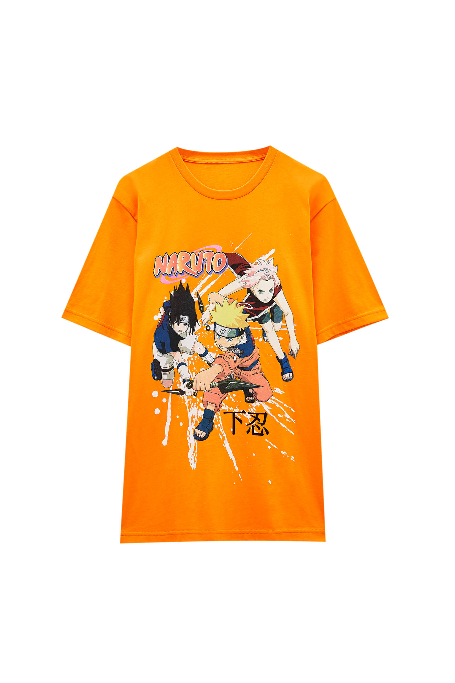 Pull&bear Homme T-shirt Naruto Orange à Col Rond Et Manches Courtes, Avec Illustration Contrastante.