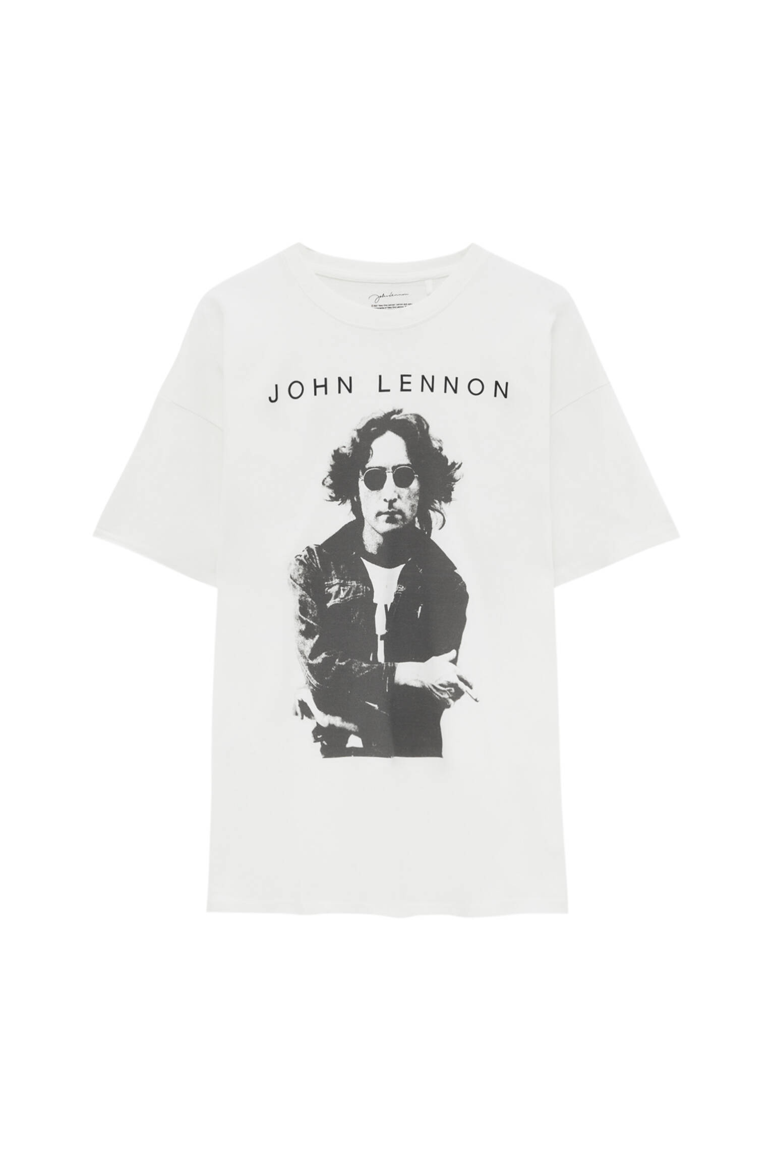 Pull&bear Homme T-shirt Blanc 100 % Coton à Manches Courtes Et Col Rond, Avec Photographie De John Lennon. Blanc CassÉ S