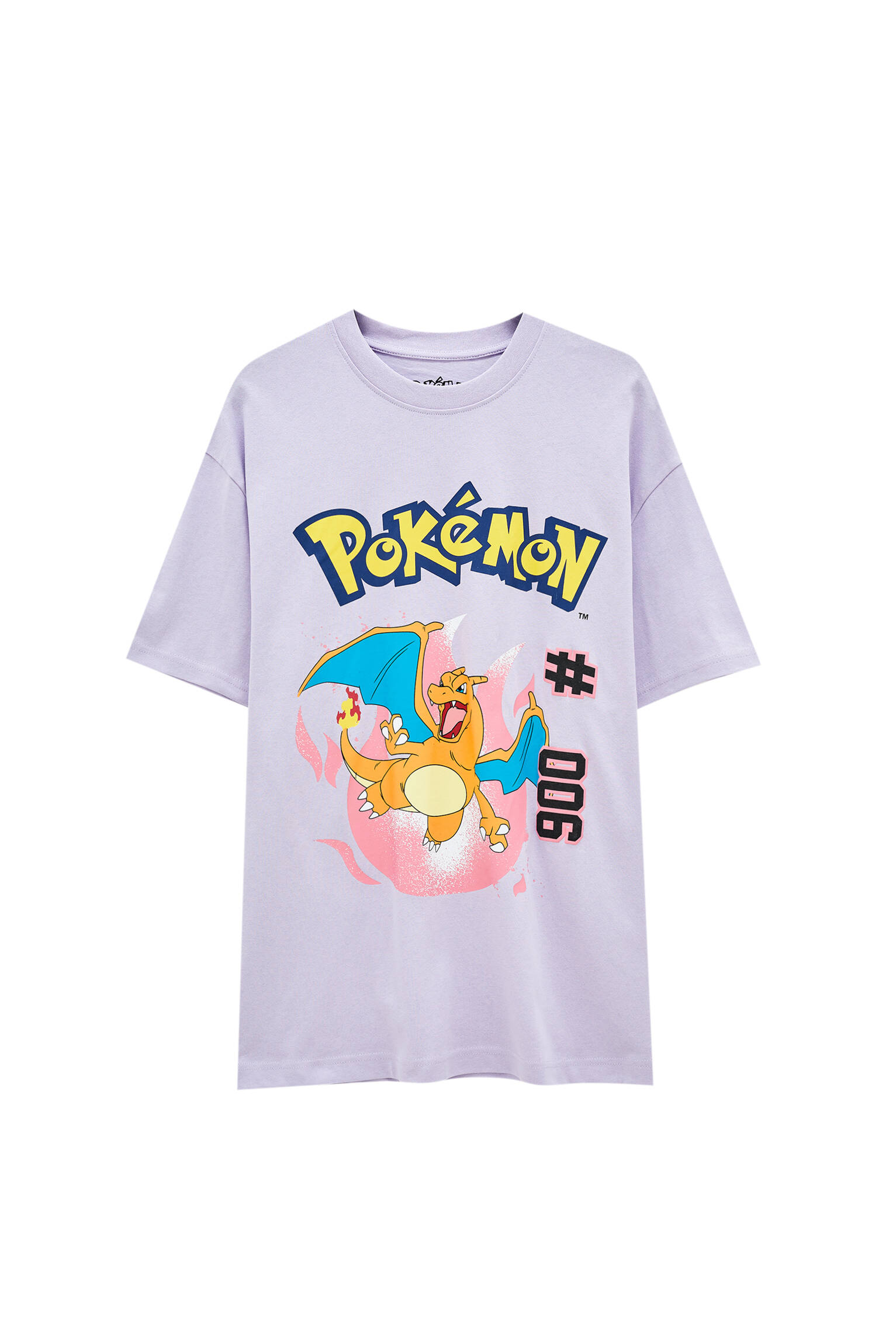 Pull&bear Homme T-shirt Lilas 100 % Coton à Manches Courtes Et Col Rond, Avec Illustration Du Personnage De Pokémon Charizard. Violet S
