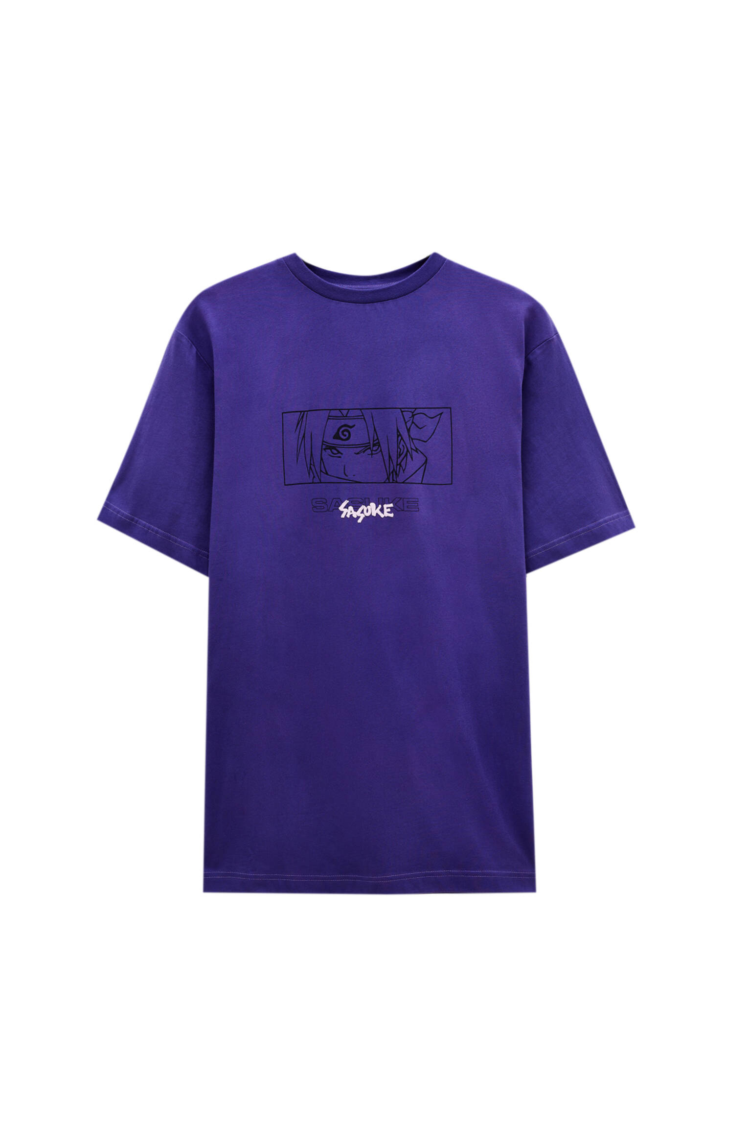 Pull&bear Homme T-shirt Naruto Mauve 100 % Coton à Col Rond, Manches Courtes Et Imprimé Contrastant.