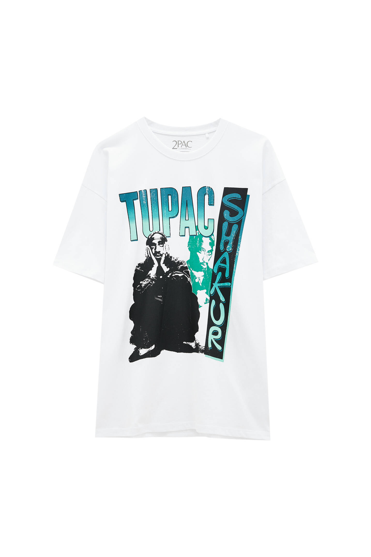 Pull&bear Homme T-shirt Tupac Shakur à Col Rond Et Manches Courtes, Avec Illustration Sur Le Devant. Blanc S