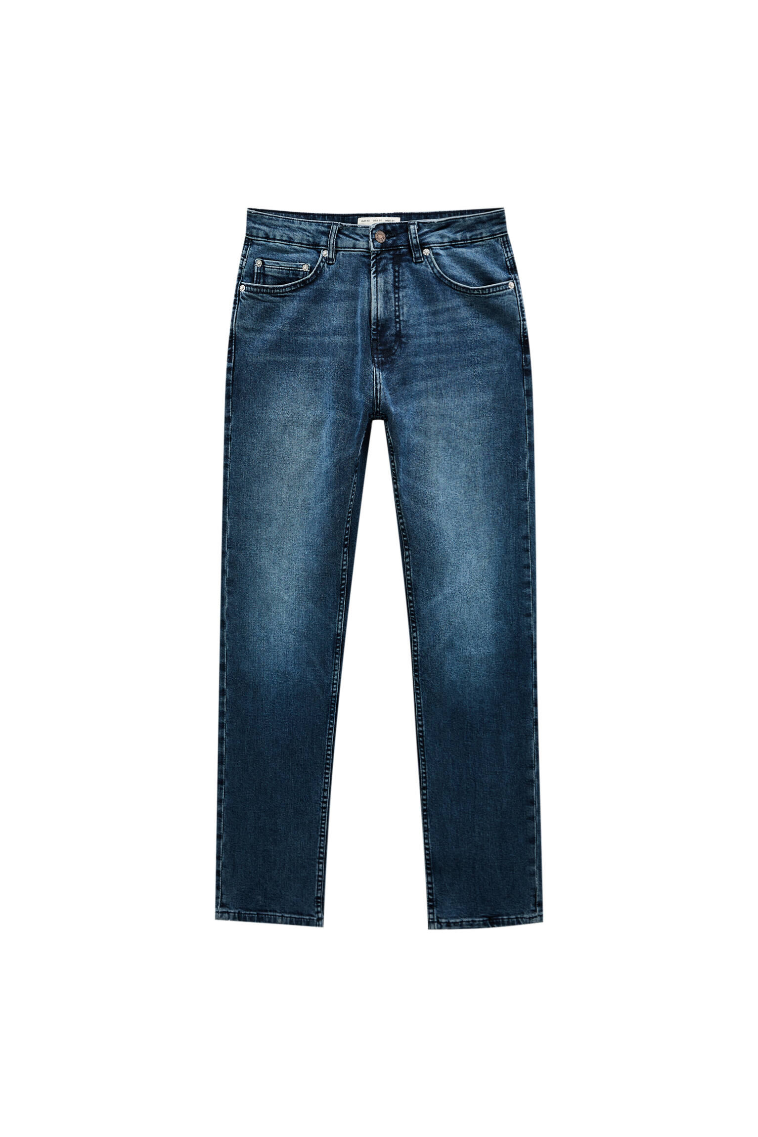 Pull&Bear homme jean slim décontracté bleu foncé avec cinq poches, passants de ceinture à la taille, fermeture Éclair et bouton. bleu lavande 38
