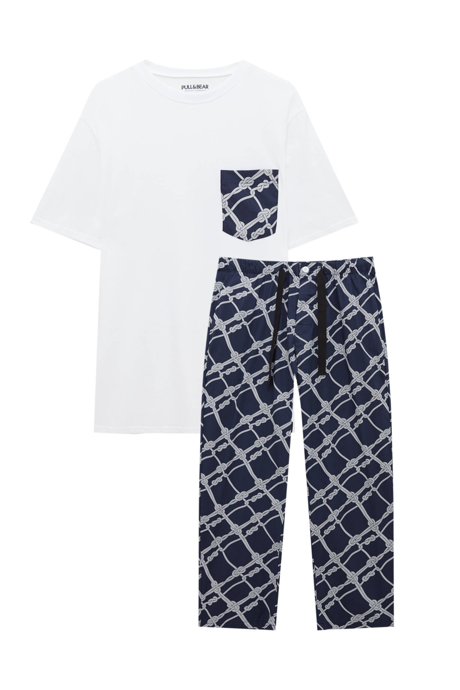 Pull&bear Homme Pyjama 100 % Coton Avec T-shirt à Manches Courtes Et Pantalon Imprimé. Exclusivement En Ligne. Bleu Marine L