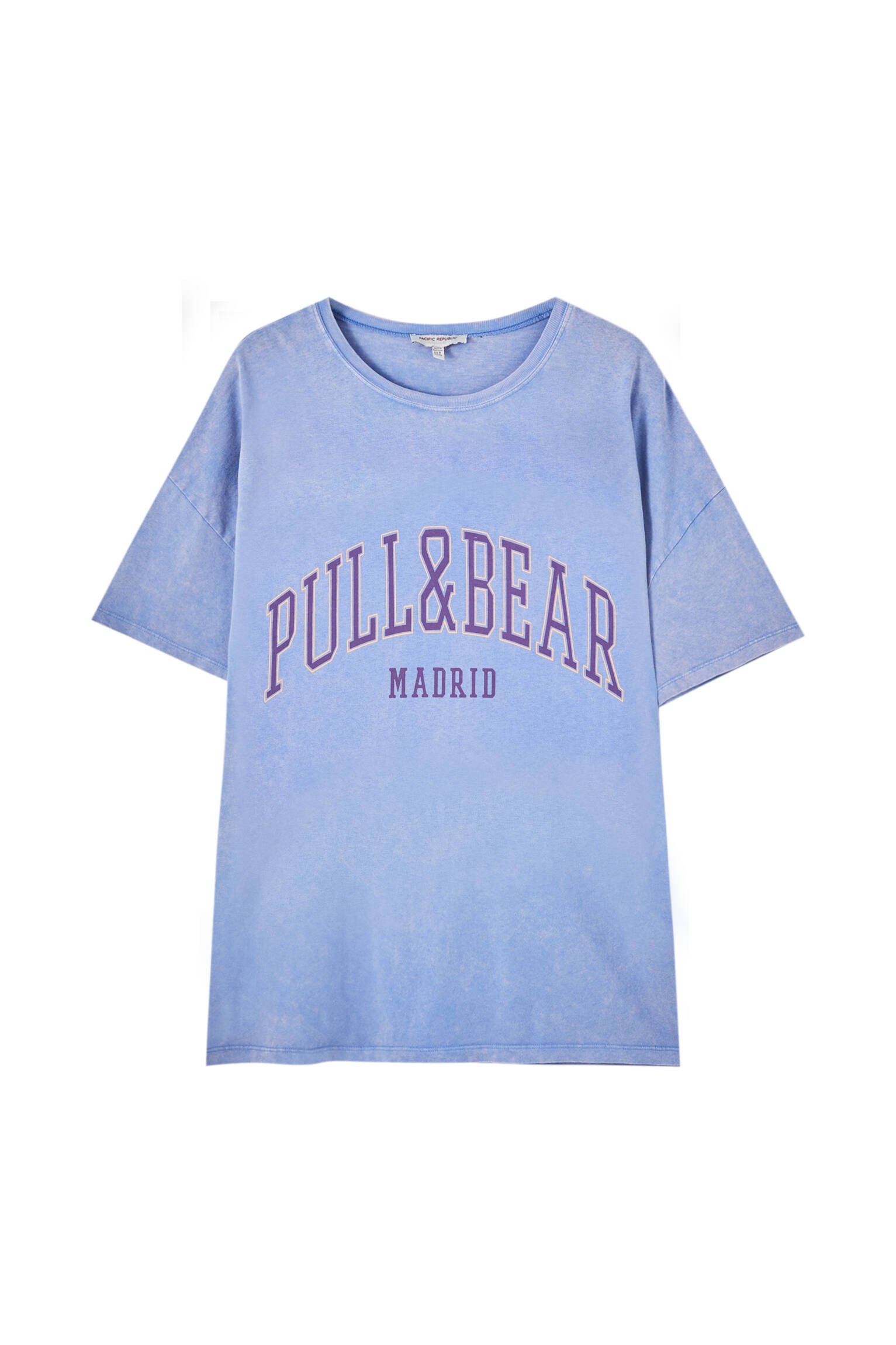 Pull&bear Femme T-shirt 100 % Coton à Col Rond Et Manches Courtes, Avec Logo Pull&bear Et Inscription Madrid Contrastante Sur La Poitrine. Indigo DÉlavÉ S