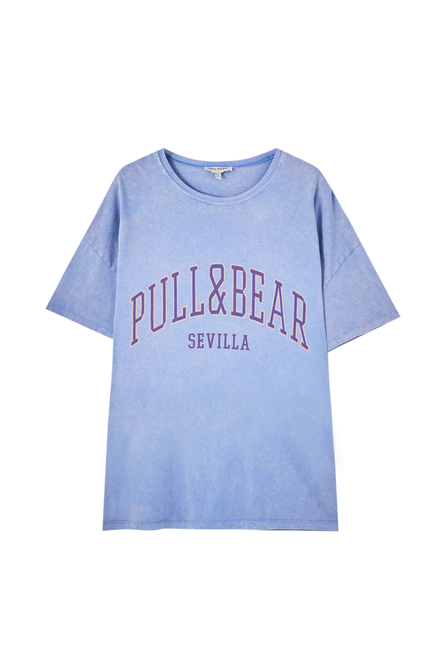 Pull&bear Femme T-shirt 100 % Coton à Col Rond Et Manches Courtes, Avec Logo Pull&bear Et Inscription Sevilla Contrastante Sur La Poitrine. Indigo DÉlavÉ M