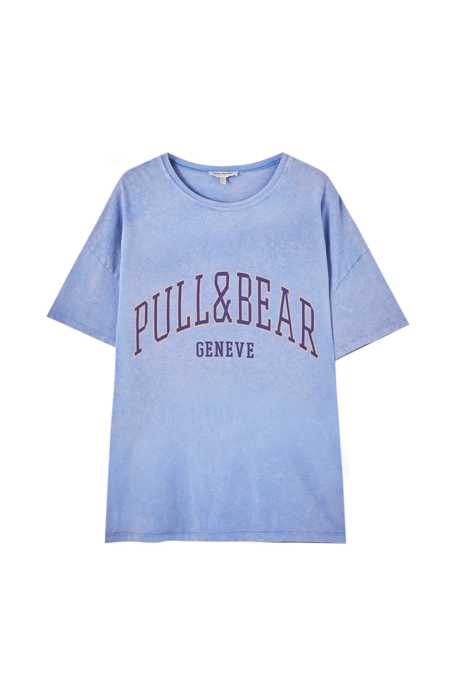 Pull&bear Femme T-shirt 100 % Coton à Col Rond Et Manches Courtes, Avec Logo Pull&bear Et Inscription Genève Contrastante Sur La Poitrine. Indigo DÉlavÉ M