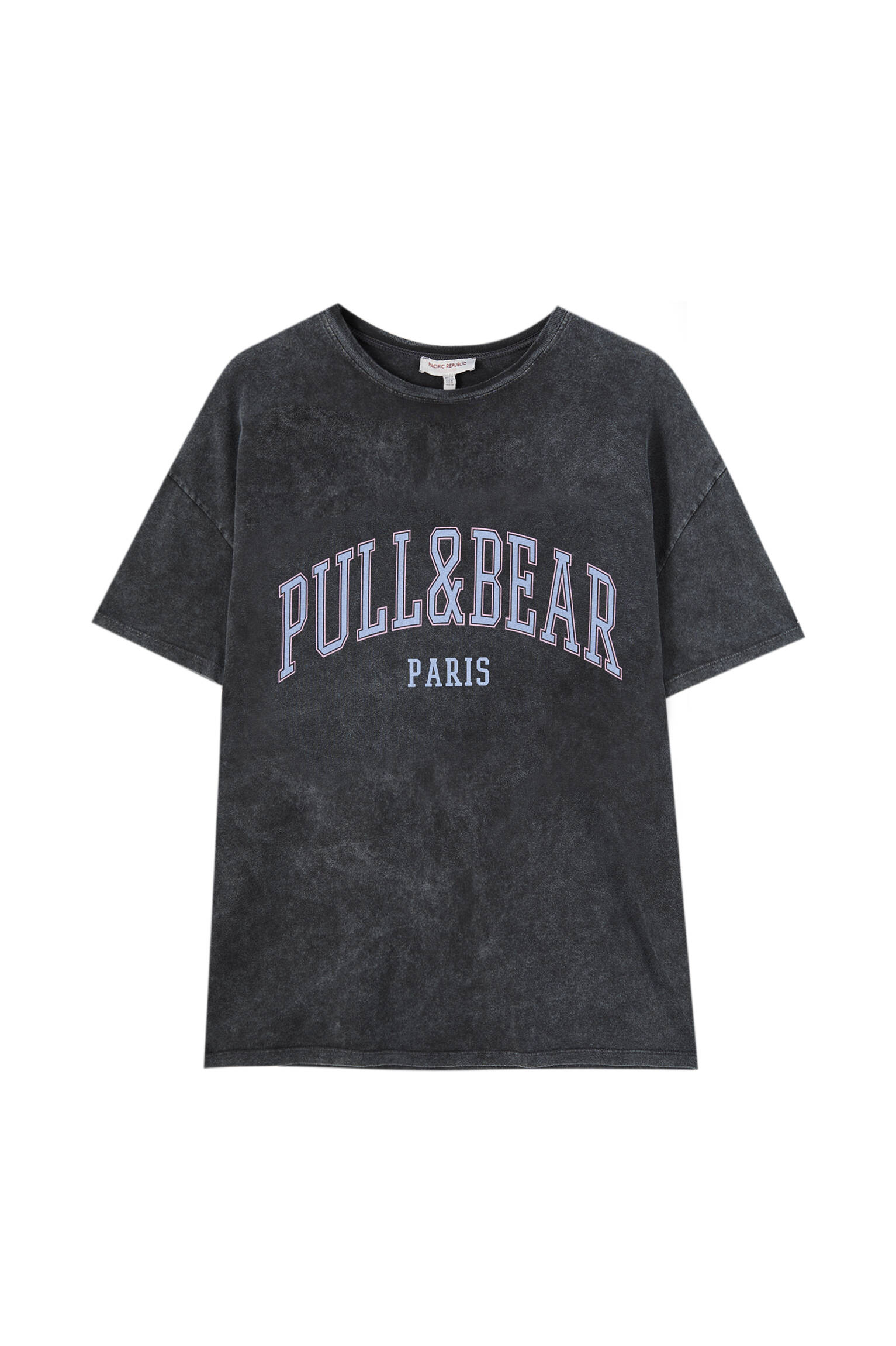 Pull&bear Femme T-shirt 100 % Coton à Col Rond Et Manches Courtes, Avec Logo Pull&bear Et Inscription Paris Contrastante Sur La Poitrine. Noir DÉlavÉ L