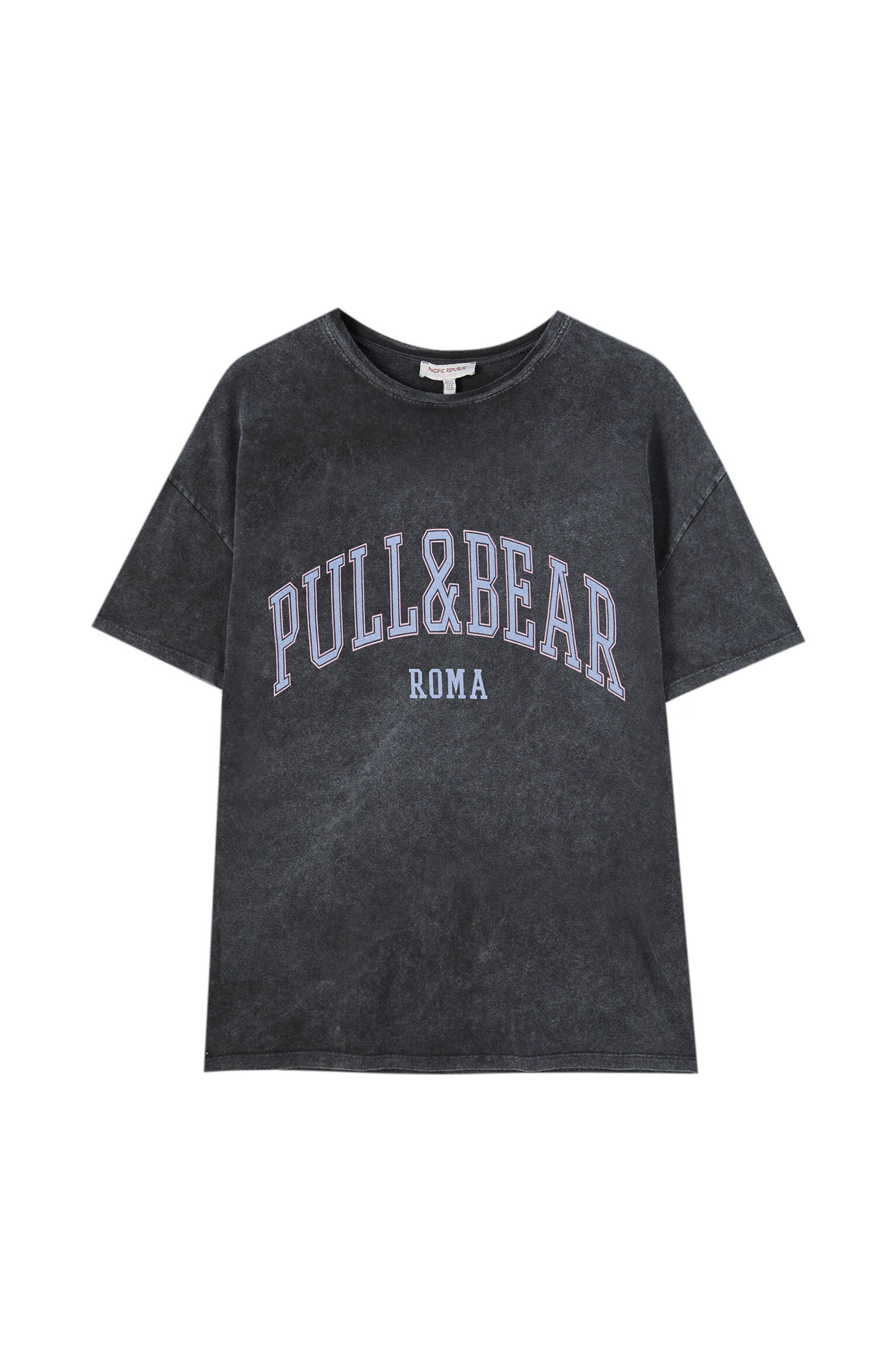 Pull&bear Femme T-shirt 100 % Coton à Col Rond Et Manches Courtes, Avec Logo Pull&bear Et Inscription Roma Contrastante Sur La Poitrine. Noir DÉlavÉ S