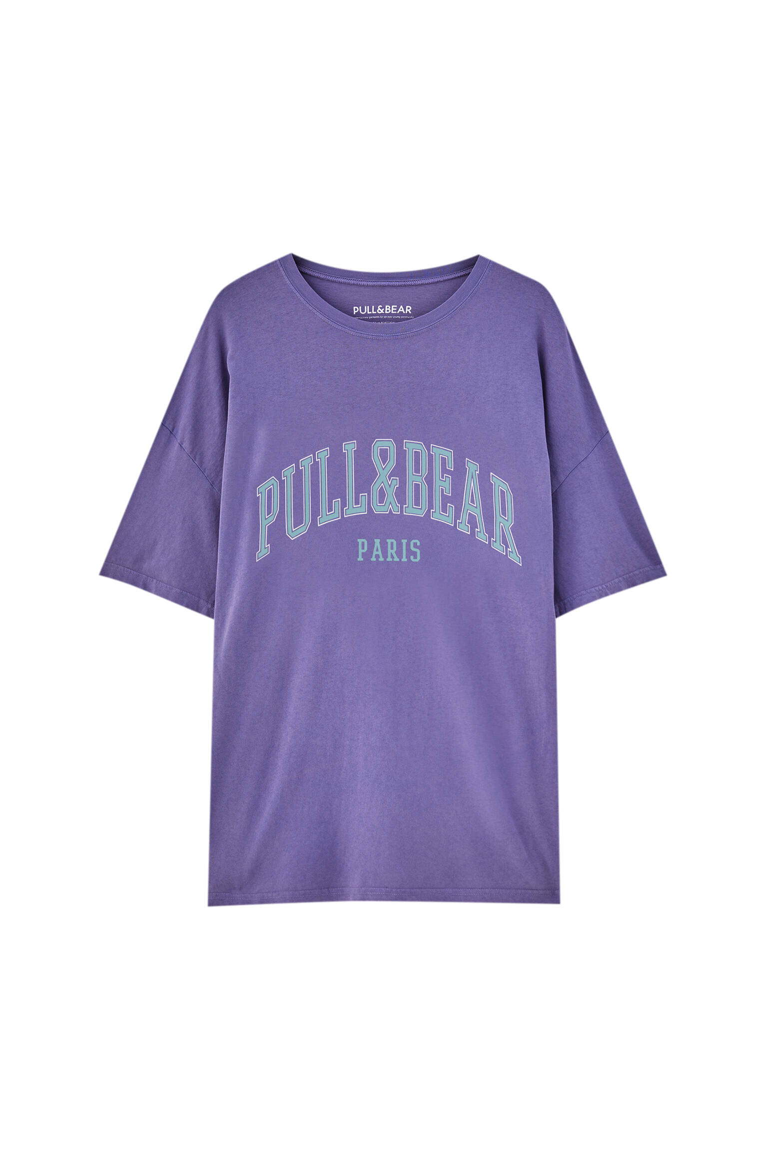 Pull&bear Homme T-shirt Basique 100 % Coton à Manches Courtes Et Col Rond, Avec Logo Pull&bear Et Inscription « paris » Contrastante. Disponible En Plusieurs Couleurs. Violet L