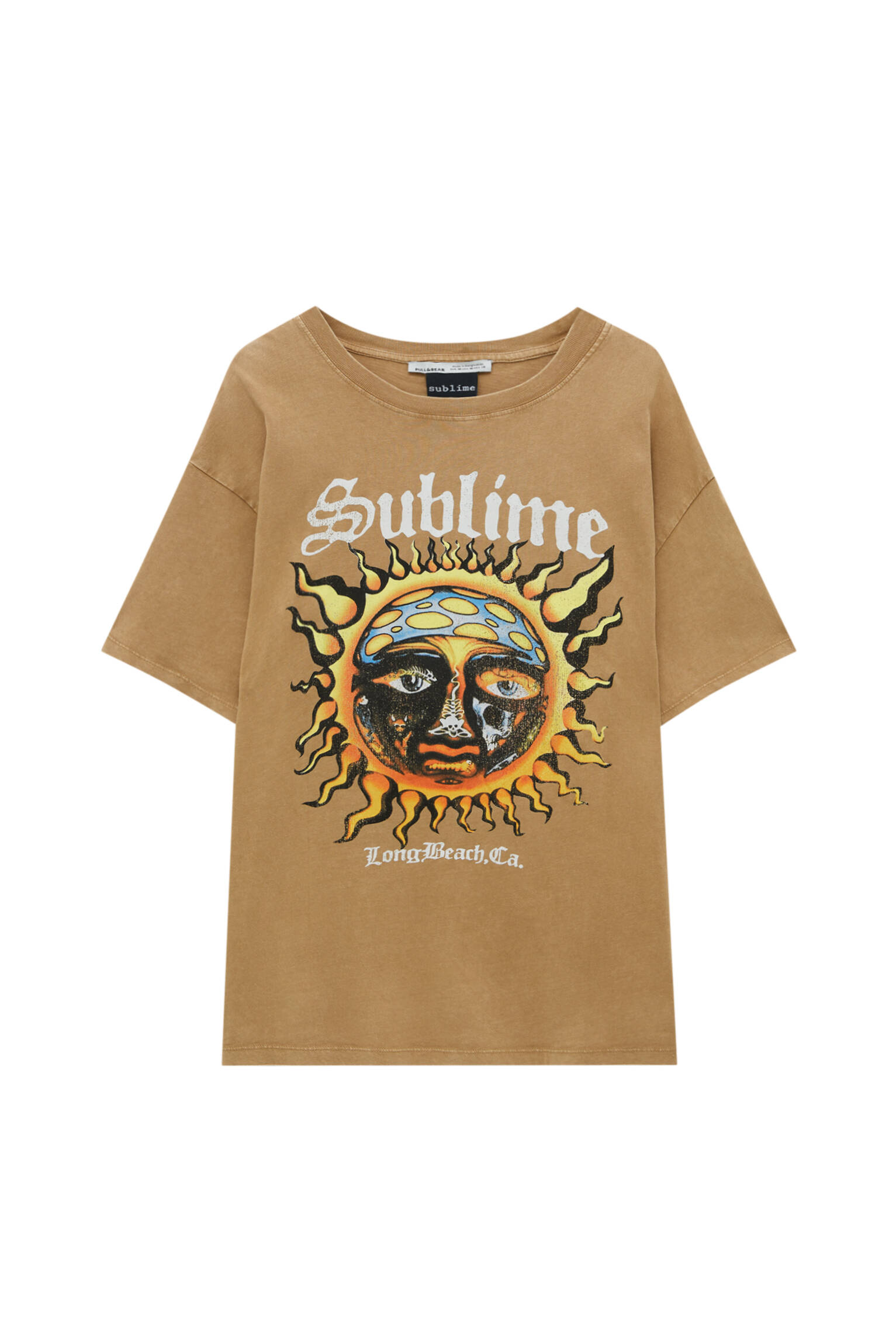 Pull&bear Femme T-shirt Sublime à Manches Courtes, Col Rond Et Imprimé Soleil Contrastant Avec Inscription Long Beach Ca. Camel Sombre Xl