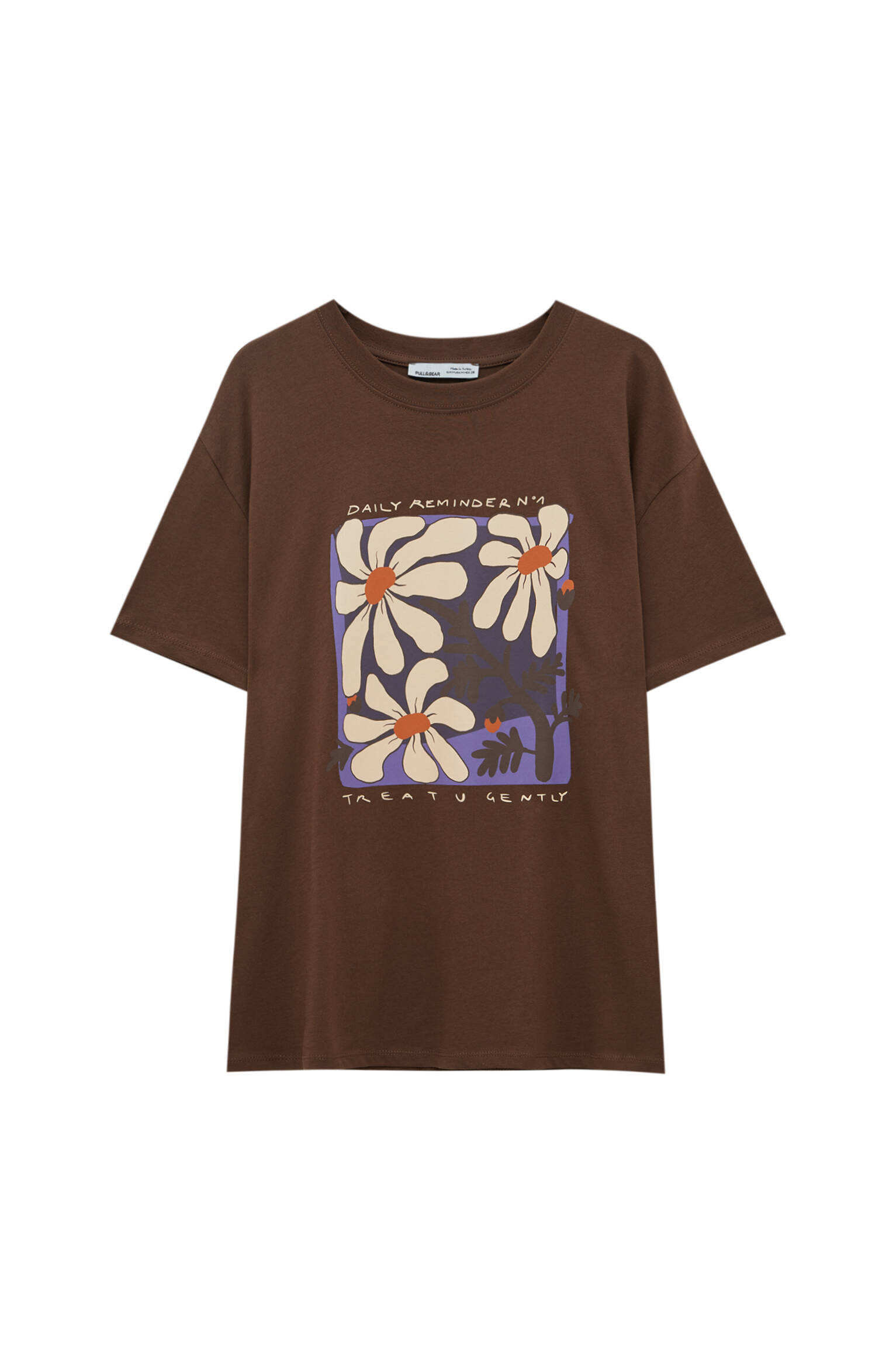 Pull&bear Femme T-shirt à Col Rond Et Manches Courtes, Avec Illustration Contrastante De Fleur. Marron Xl