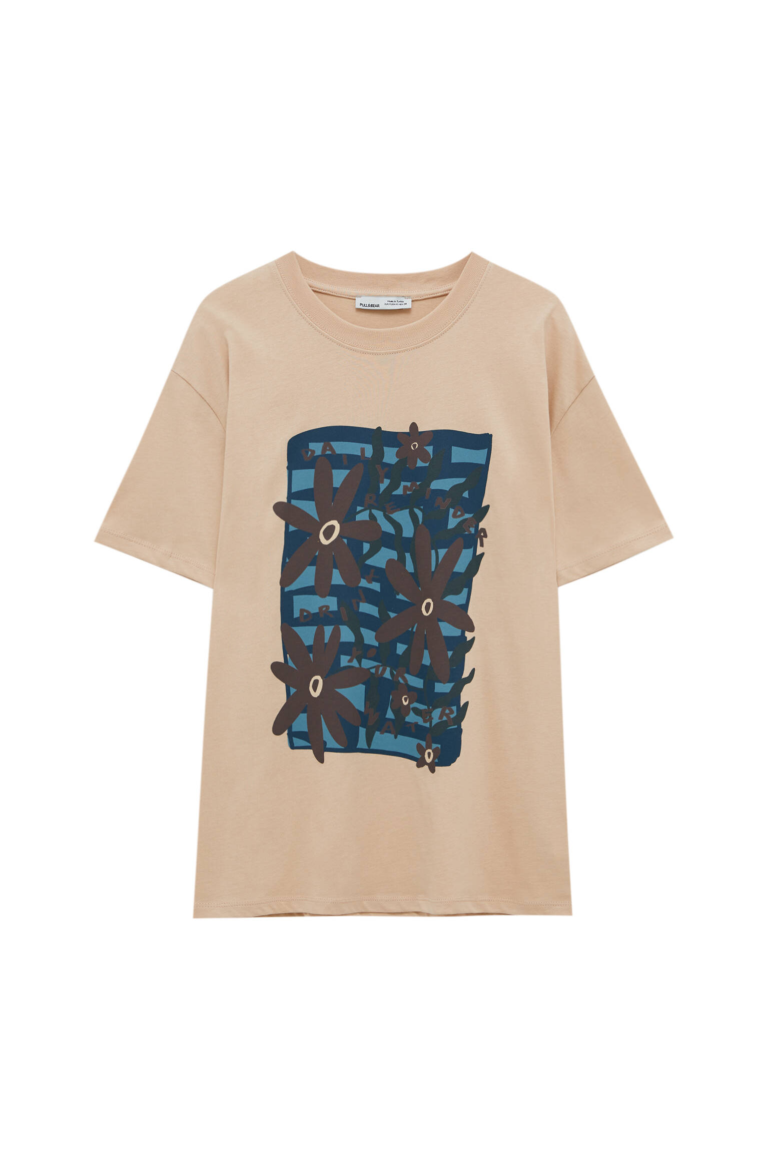 Pull&bear Femme T-shirt à Col Rond Et Manches Courtes, Avec Illustration Contrastante De Fleur. Camel Moyen M