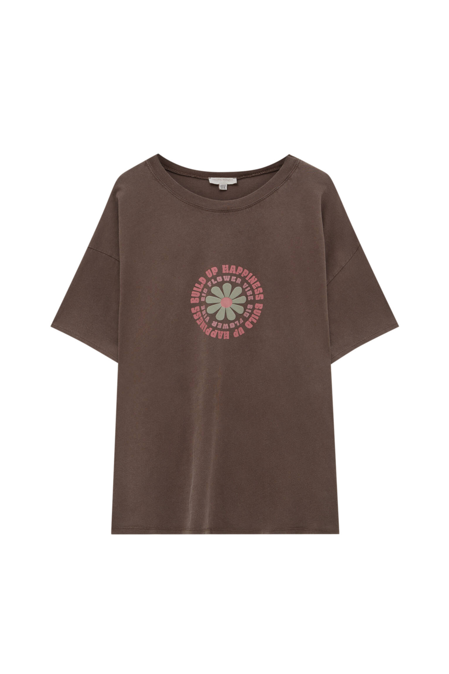 Pull&bear Femme T-shirt à Imprimé Floral, Col Rond Et Manches Courtes. Marron Sombre Xl