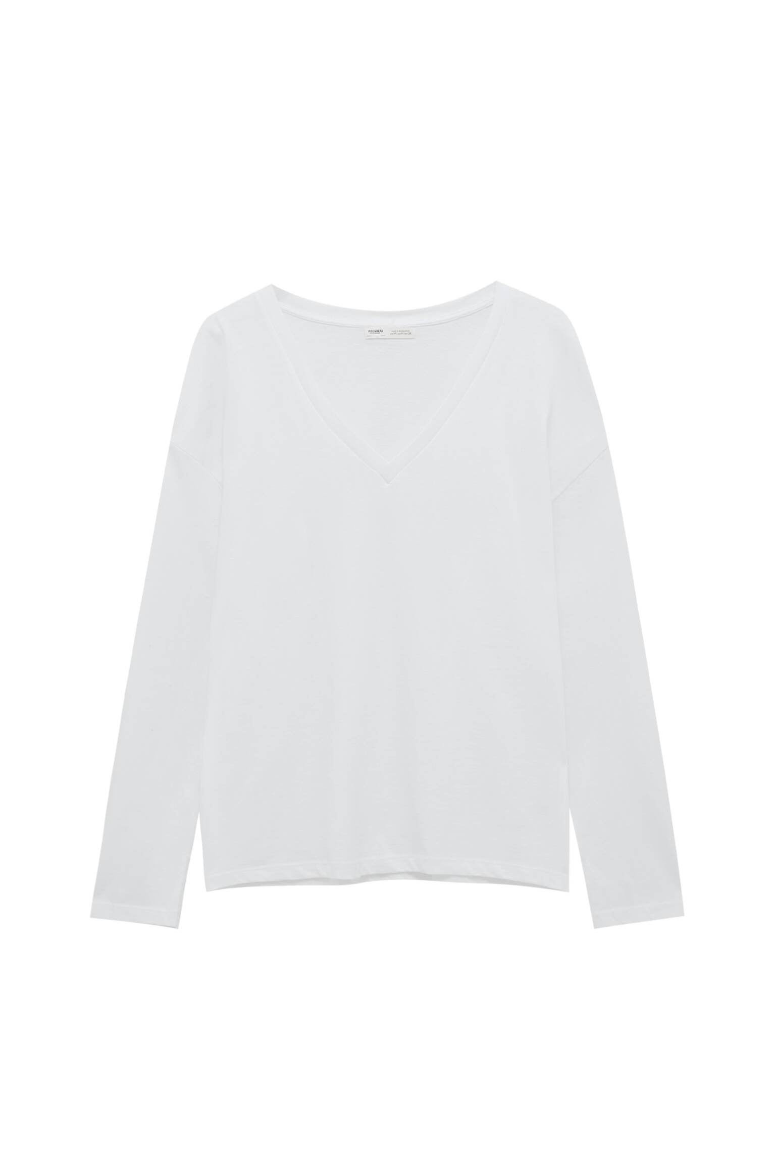 Pull&bear Femme T-shirt Basique Oversize à Col En V Et Manches Longues. Blanc L
