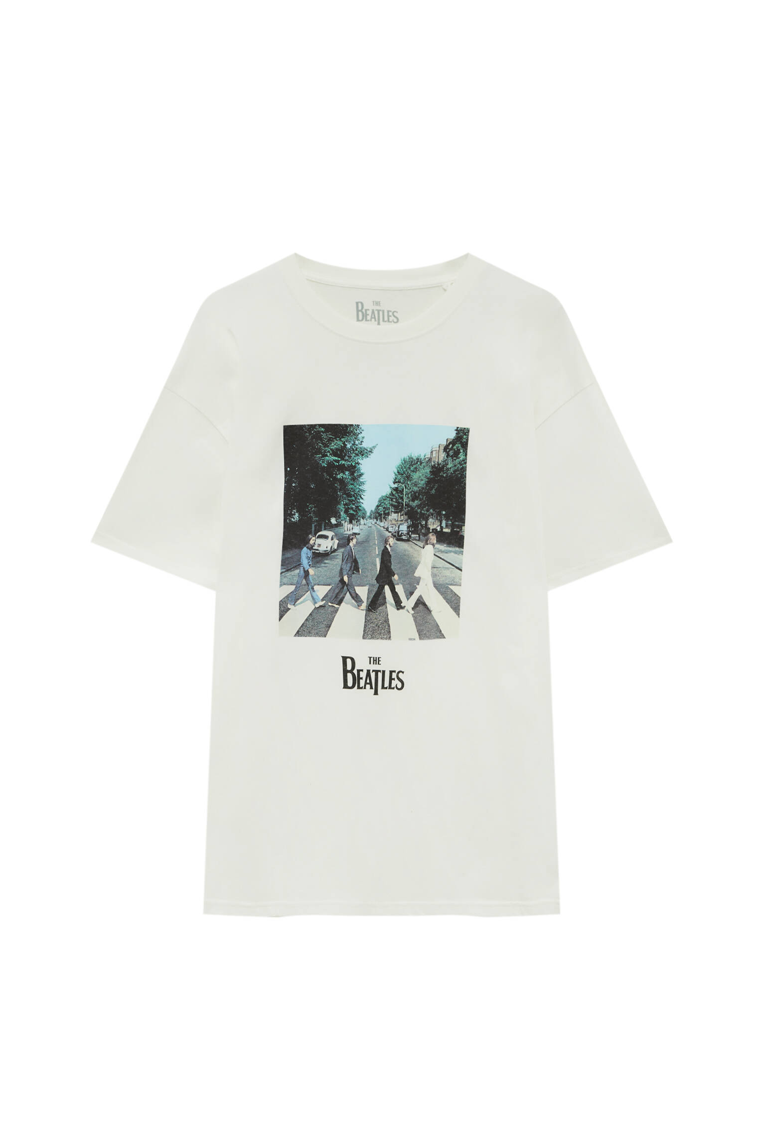Pull&bear Homme T-shirt à Manches Courtes, Col Rond Et Imprimé Abbey Road Des Beatles. Blanc CassÉ L