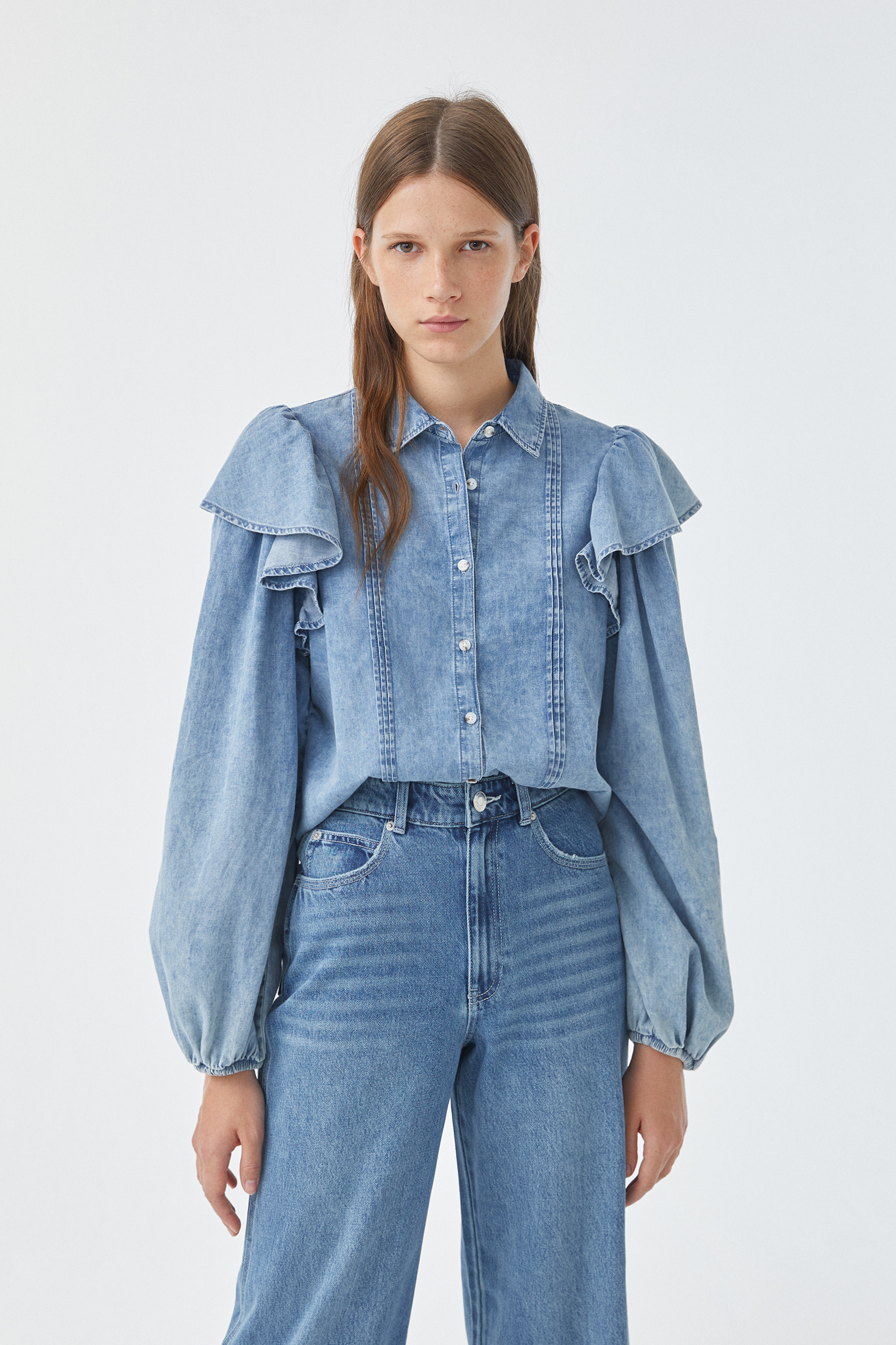 denim shirt with ruffle sleeves
