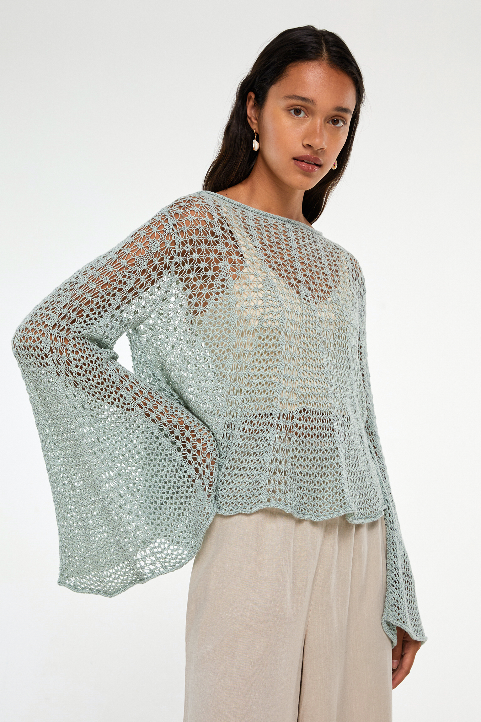 Open Knit Sweater With Flared Sleeves Pull Bear A sweater seems like such a big project that will take a lot of time and skill, so often knitters are too intimidated to take on the challenge. open knit sweater with flared sleeves