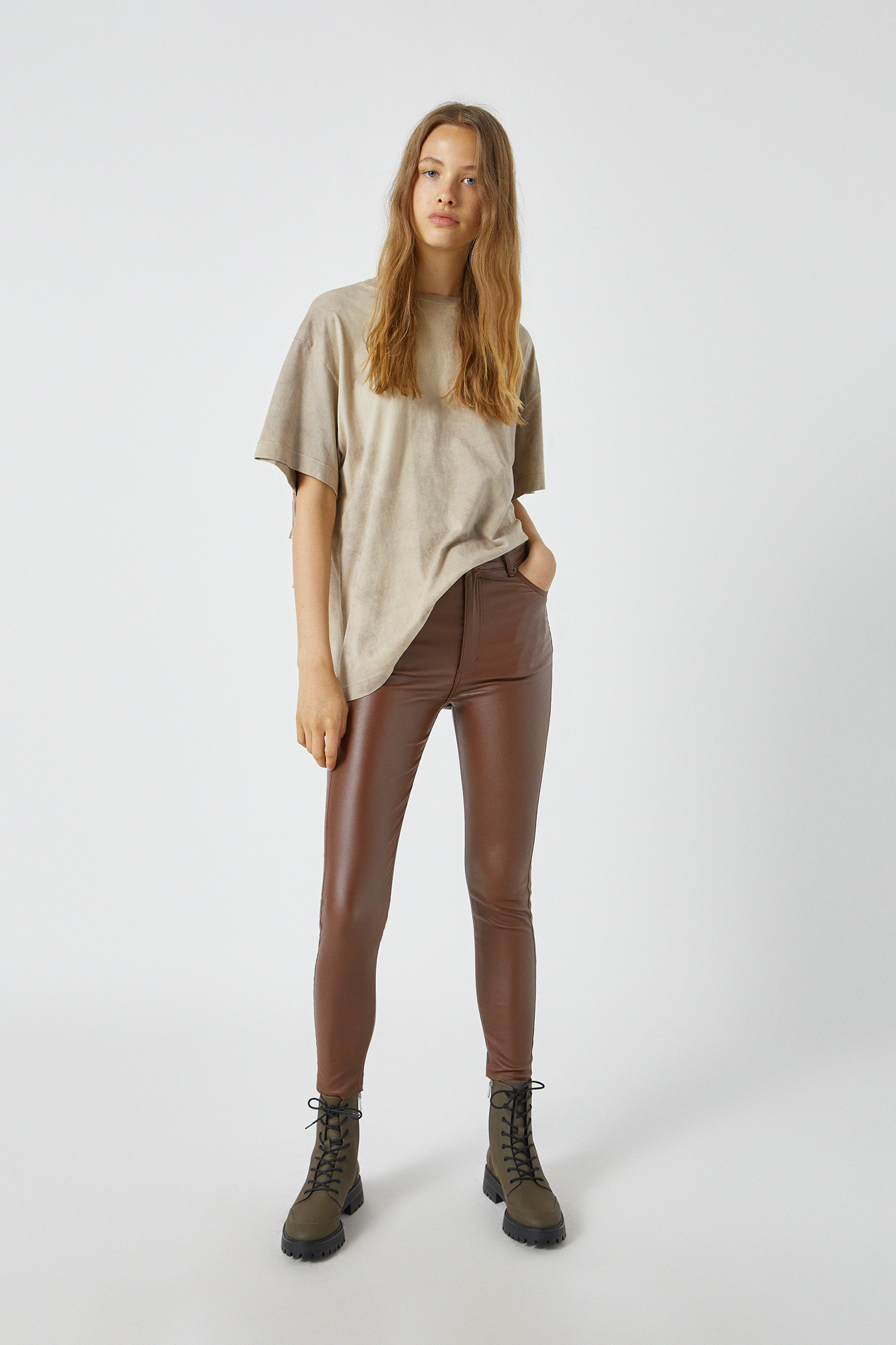 high waisted coated trousers