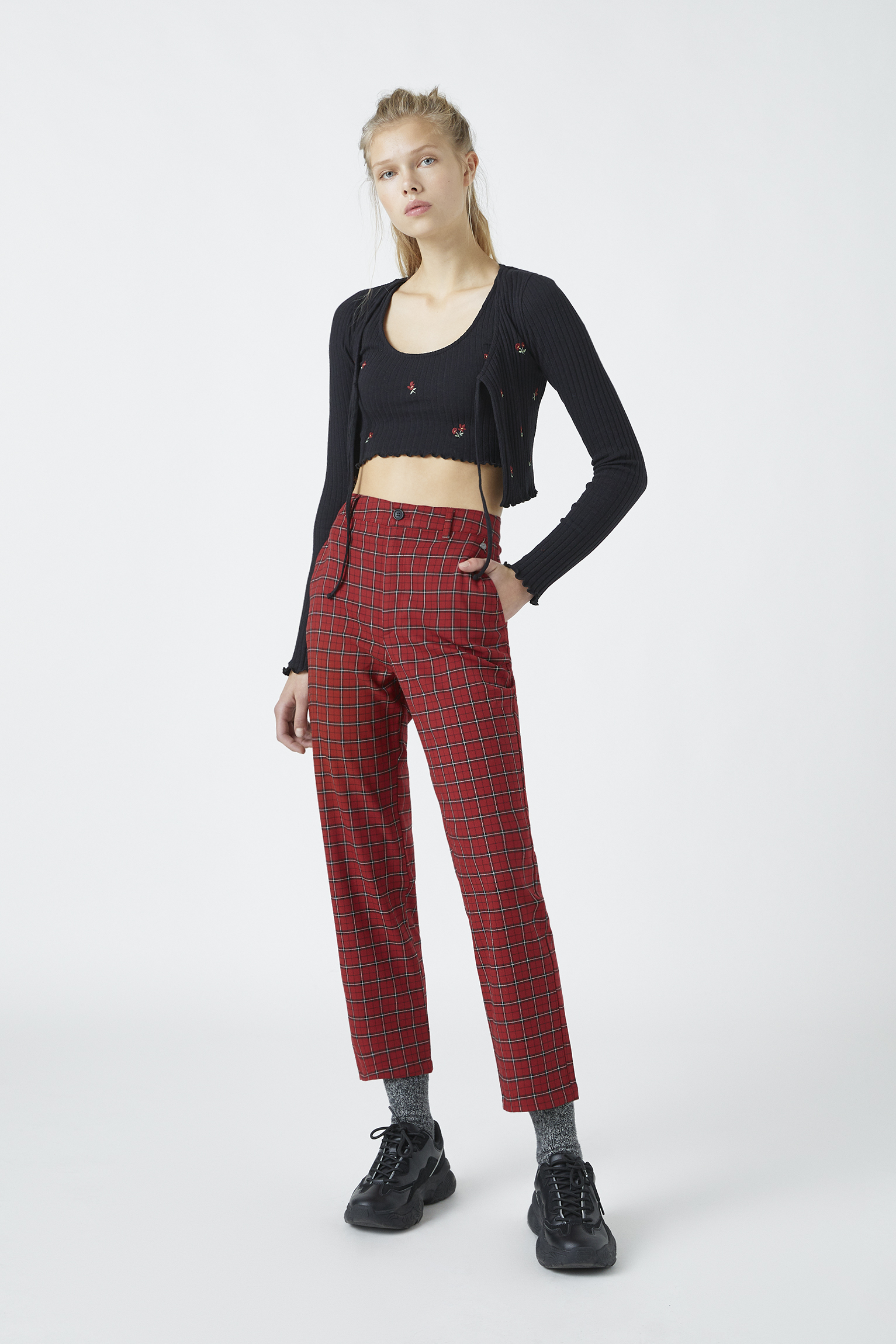 red plaid fitted pants