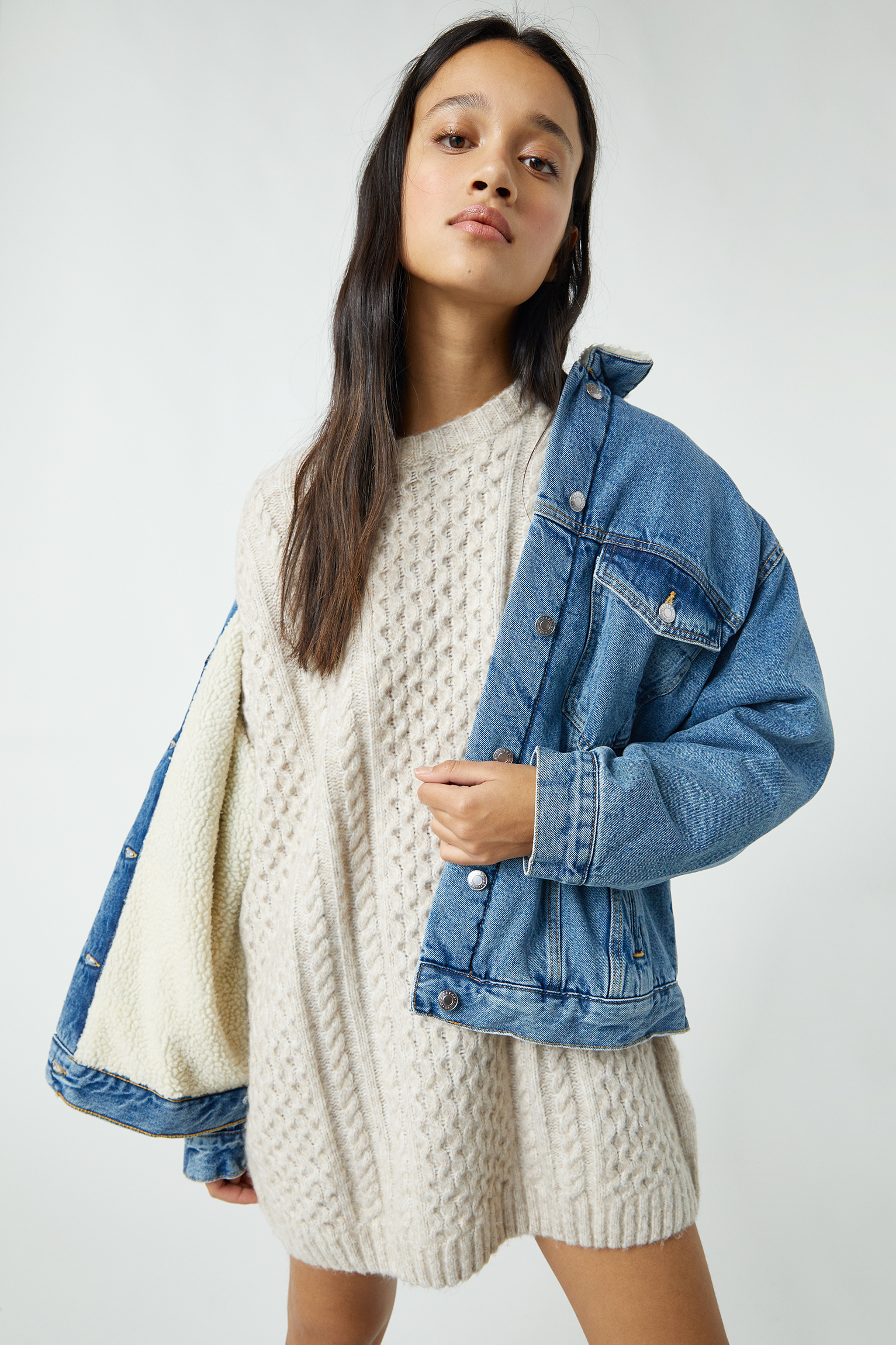 pull and bear long denim jacket