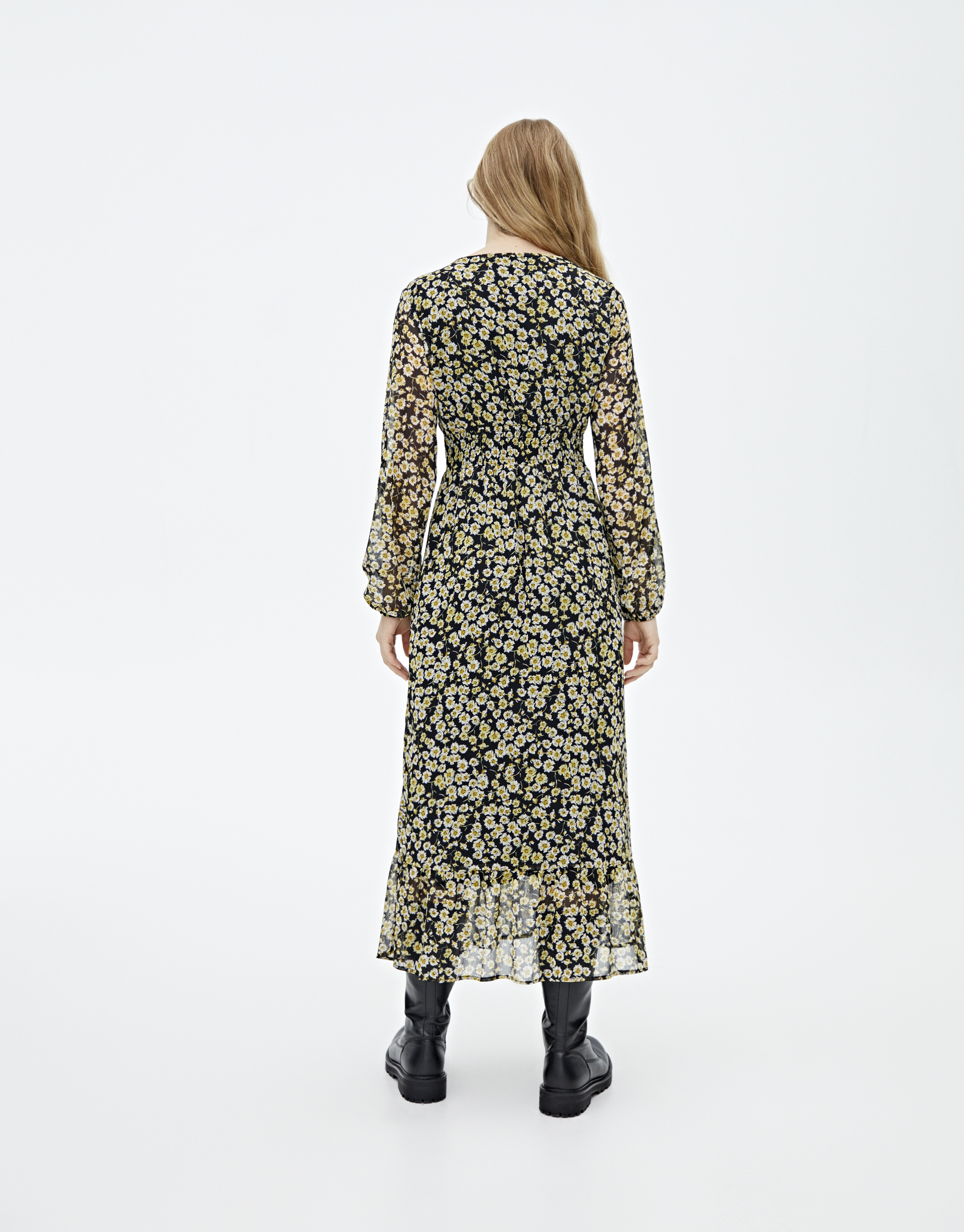 Vestido Midi Margaritas Peplum Pull Bear