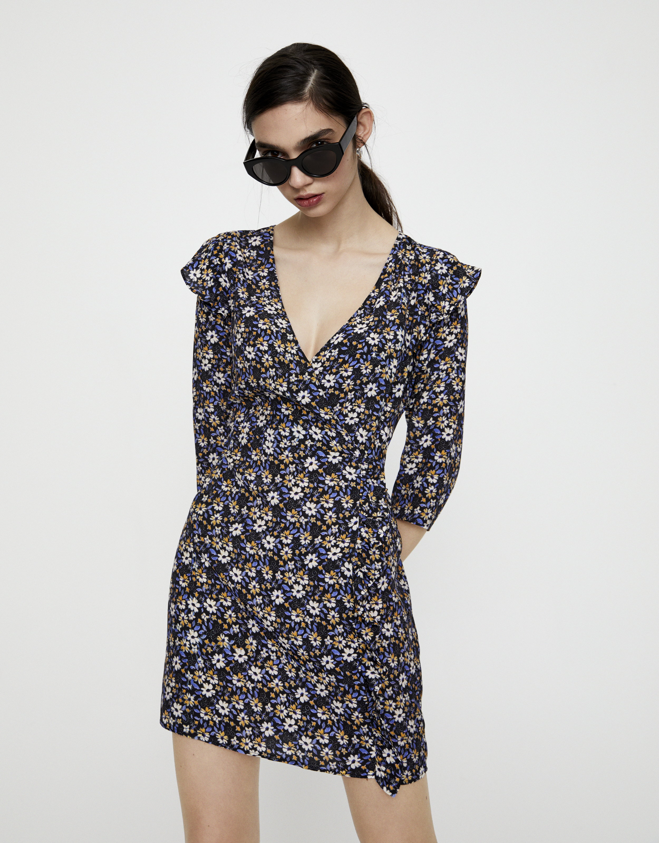 Ruched Dress With Ruffled Shoulders Pull Bear