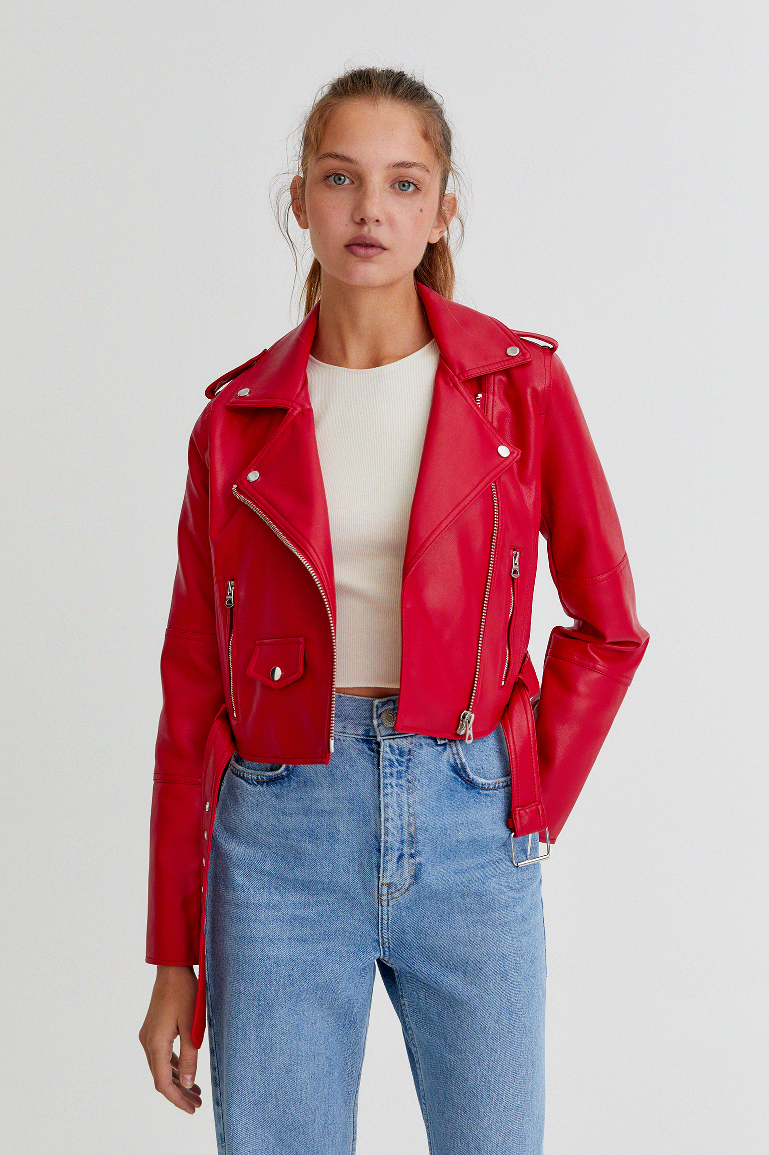 pull and bear red leather jacket